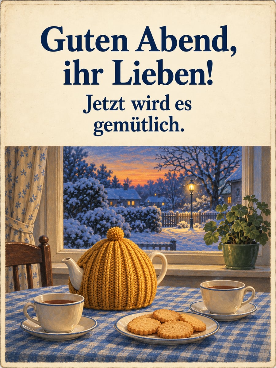 Bild für den Abend mit dem Text „Guten Abend, ihr Lieben!“ und „Jetzt wird es gemütlich.“ – Motiv: Teewärmer, Teekanne, Butterkekse, Straßenlaterne
