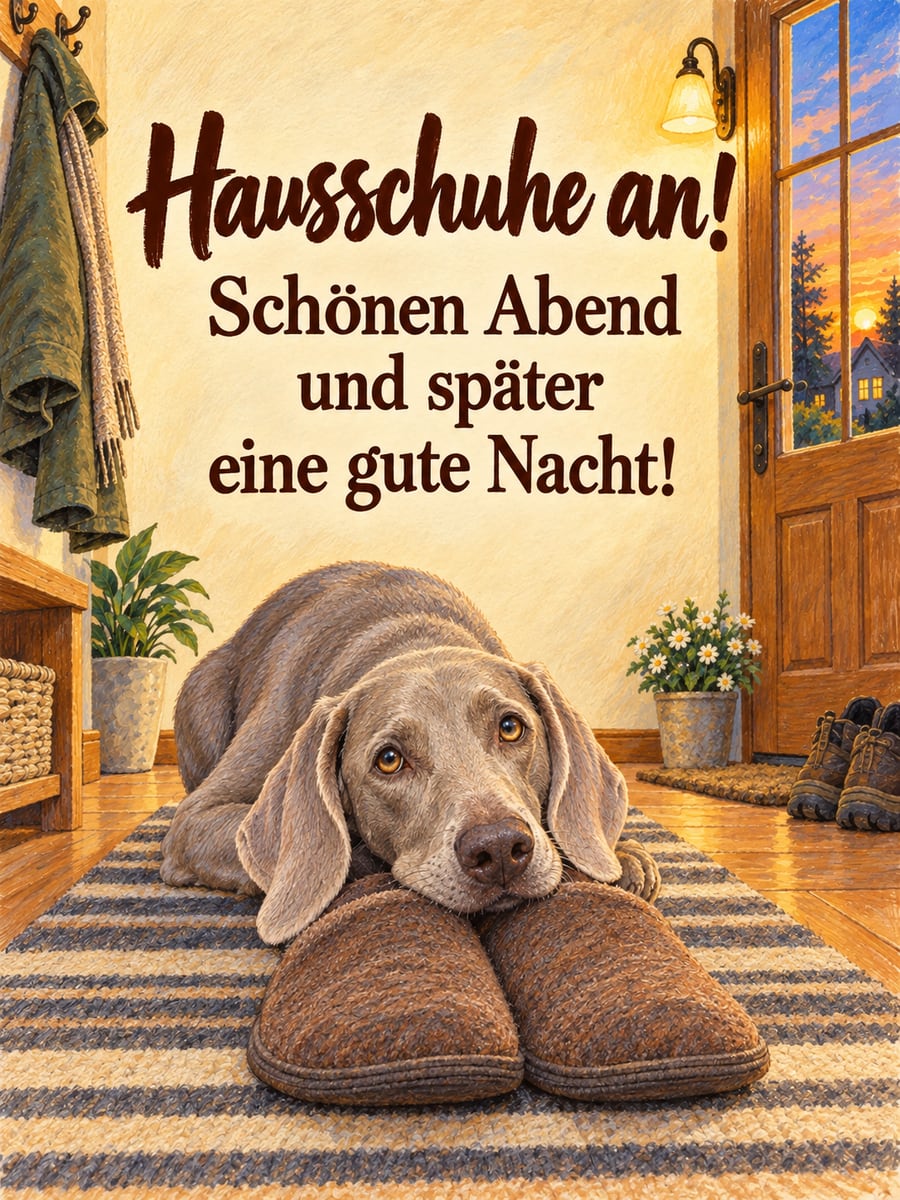 Bild für den Abend mit dem Text „Hausschuhe an!“ und „Schönen Abend und später eine gute Nacht!“ – Motiv: Hund, Weimaraner, Hausschuhe, Flur