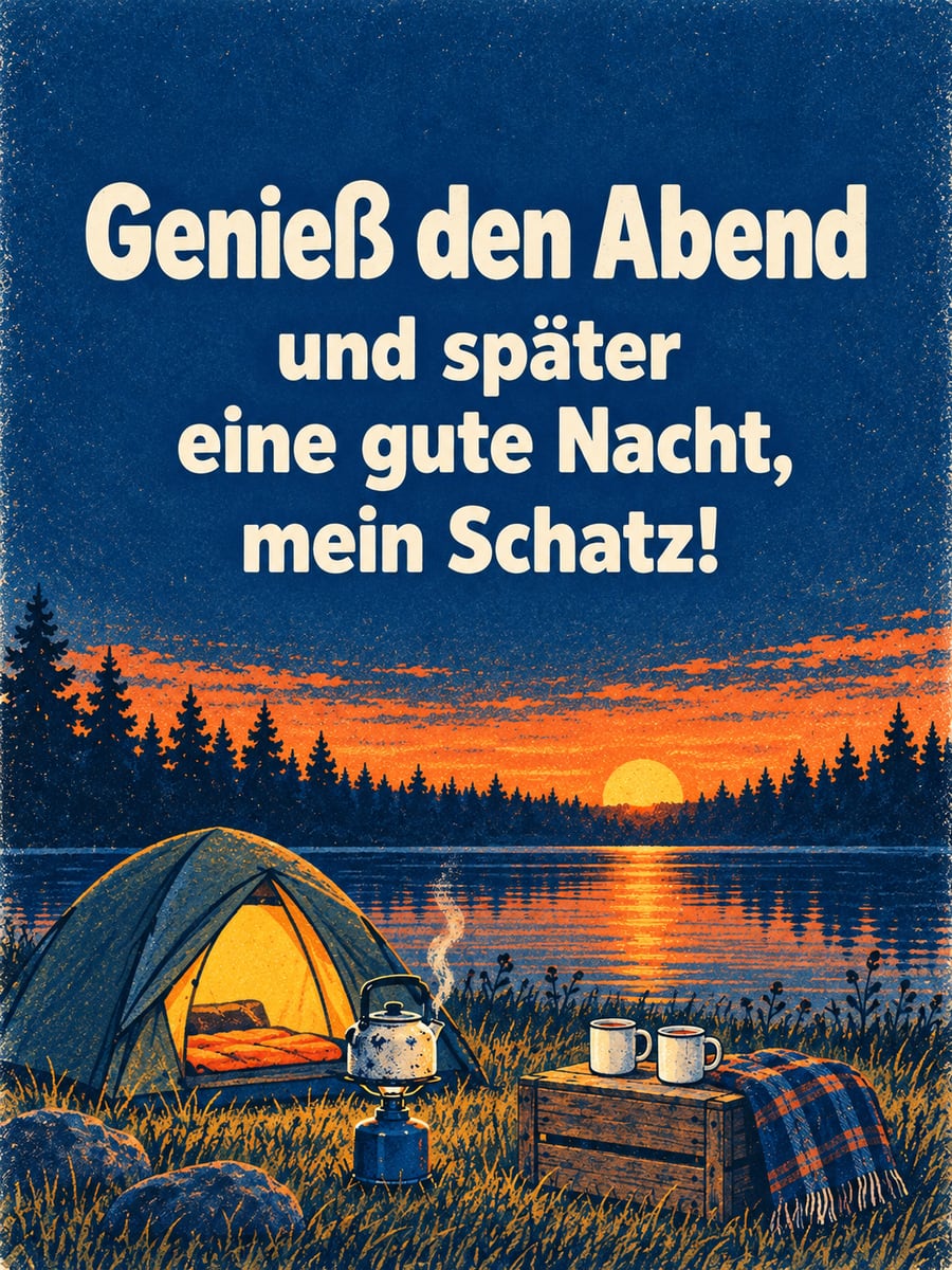 Bild für den Abend mit dem Text „Genieß den Abend und später eine gute Nacht, mein Schatz!“ – Motiv: Tee, Wasserkessel, Zelt, See