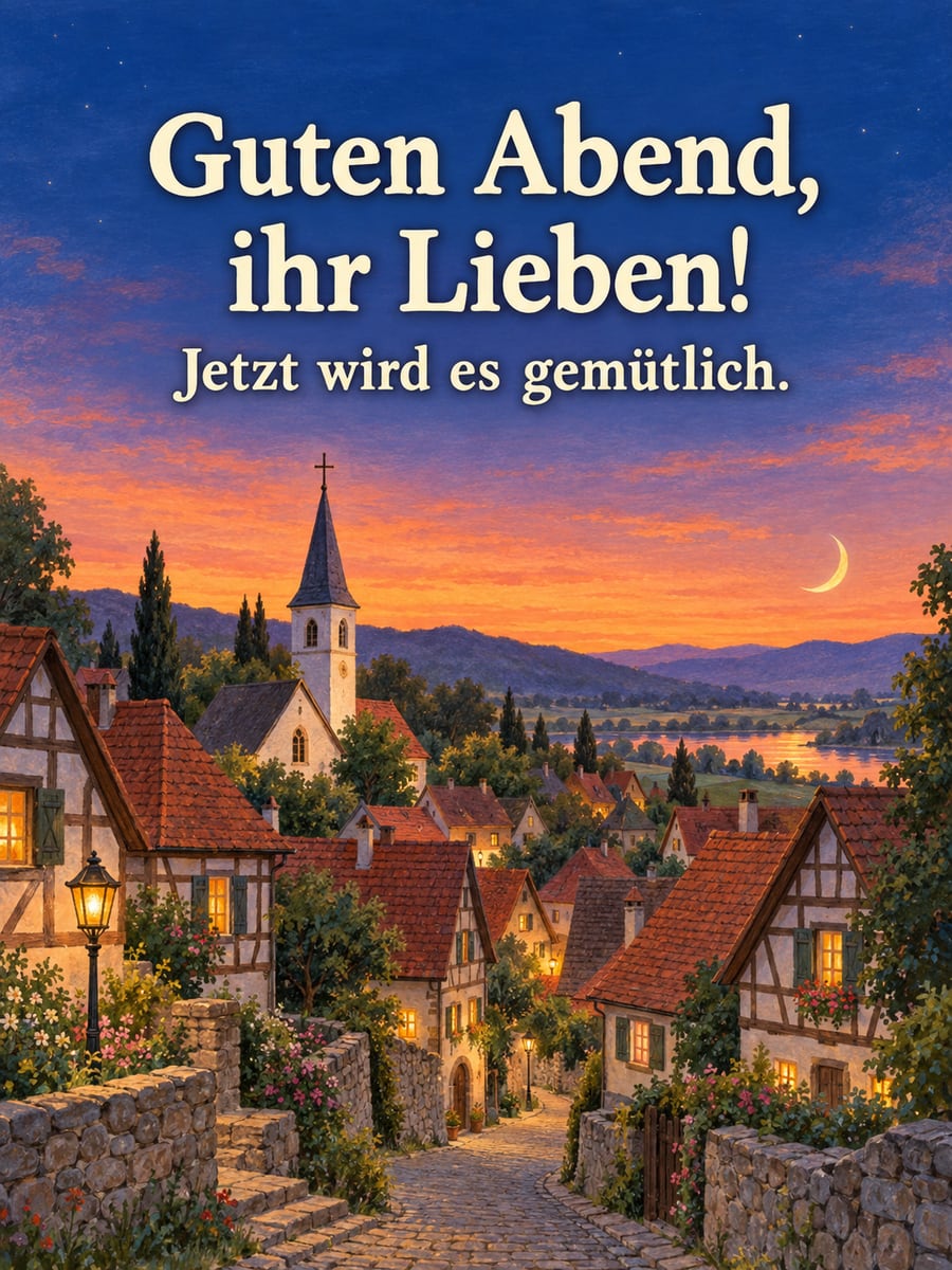 Bild für den Abend mit dem Text „Guten Abend, ihr Lieben!“ und „Jetzt wird es gemütlich.“ – Motiv: Dorf, Fachwerk, Kirchturm, Abenddämmerung, Mondsichel