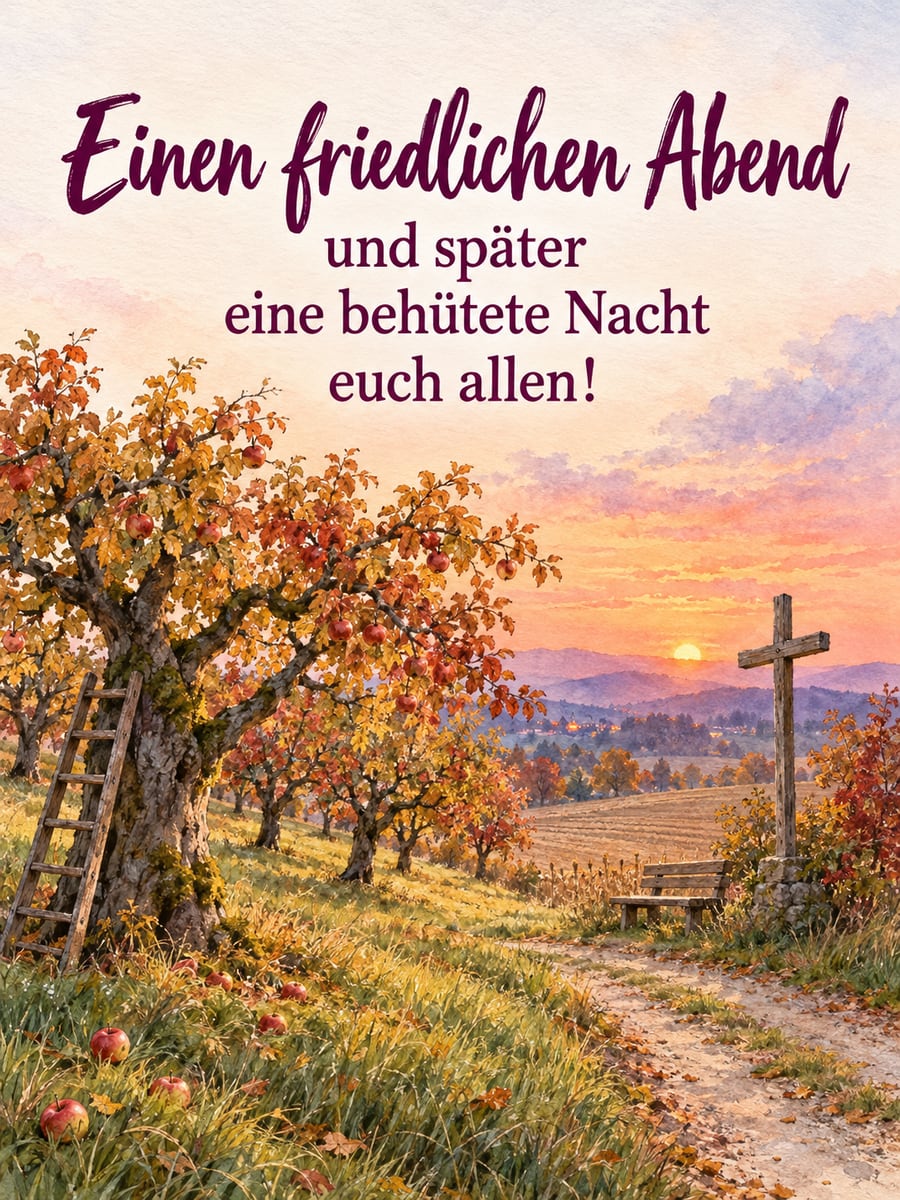 Bild für den Abend mit dem Text „Einen friedlichen Abend und später eine behütete Nacht euch allen!“ – Motiv: Streuobstwiese, Wegkreuz, Herbst, Sonnenuntergang