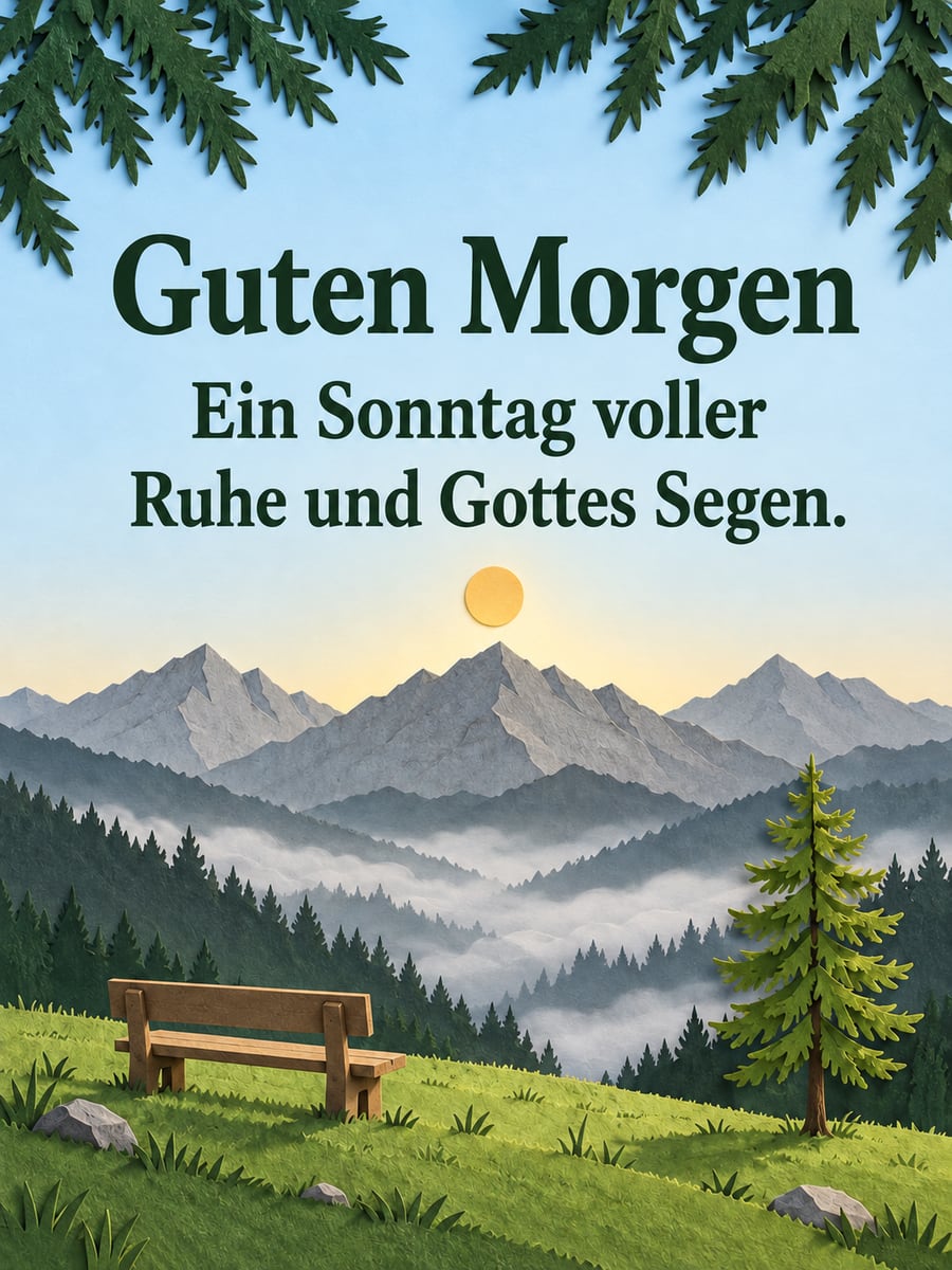 Guten-Morgen-Bild zum Sonntag mit dem Text „Guten Morgen“ und „Ein Sonntag voller Ruhe und Gottes Segen.“ – Motiv: Alpen, Bank, Lärche, Morgennebel