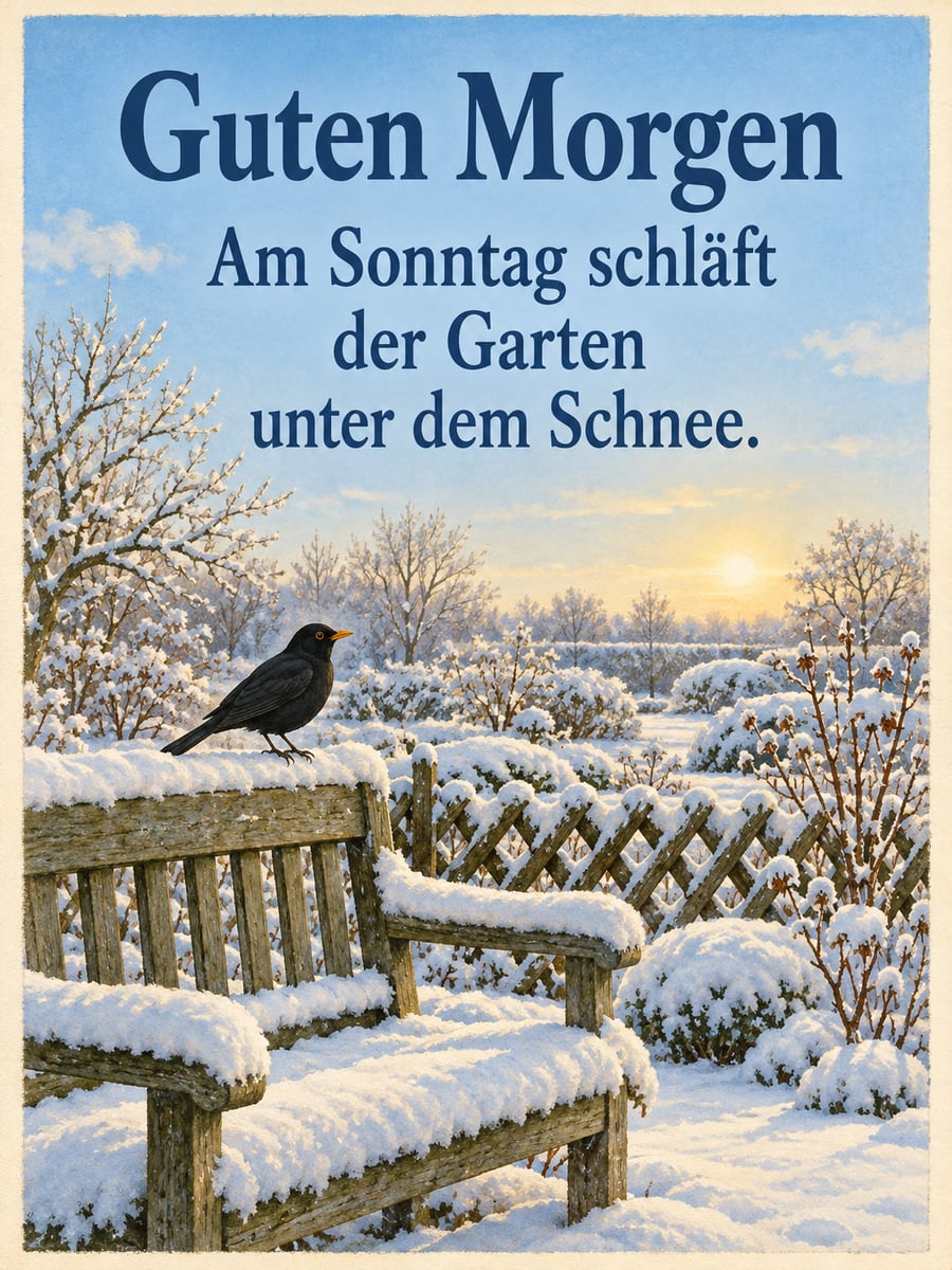 Guten-Morgen-Bild zum Sonntag mit dem Text „Guten Morgen“ und „Am Sonntag schläft der Garten unter dem Schnee.“ – Motiv: Amsel, Gartenbank, Jägerzaun, Schnee, Garten