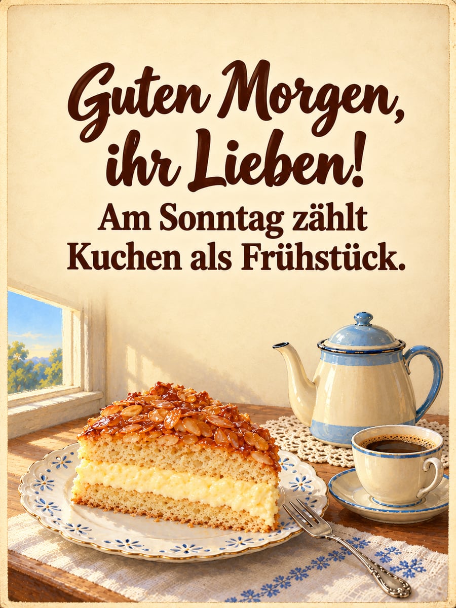 Guten-Morgen-Bild zum Sonntag mit dem Text „Guten Morgen, ihr Lieben!“ und „Am Sonntag zählt Kuchen als Frühstück.“ – Motiv: Bienenstich, Kaffeekanne, Spitzenteller, Kaffee und Kuchen