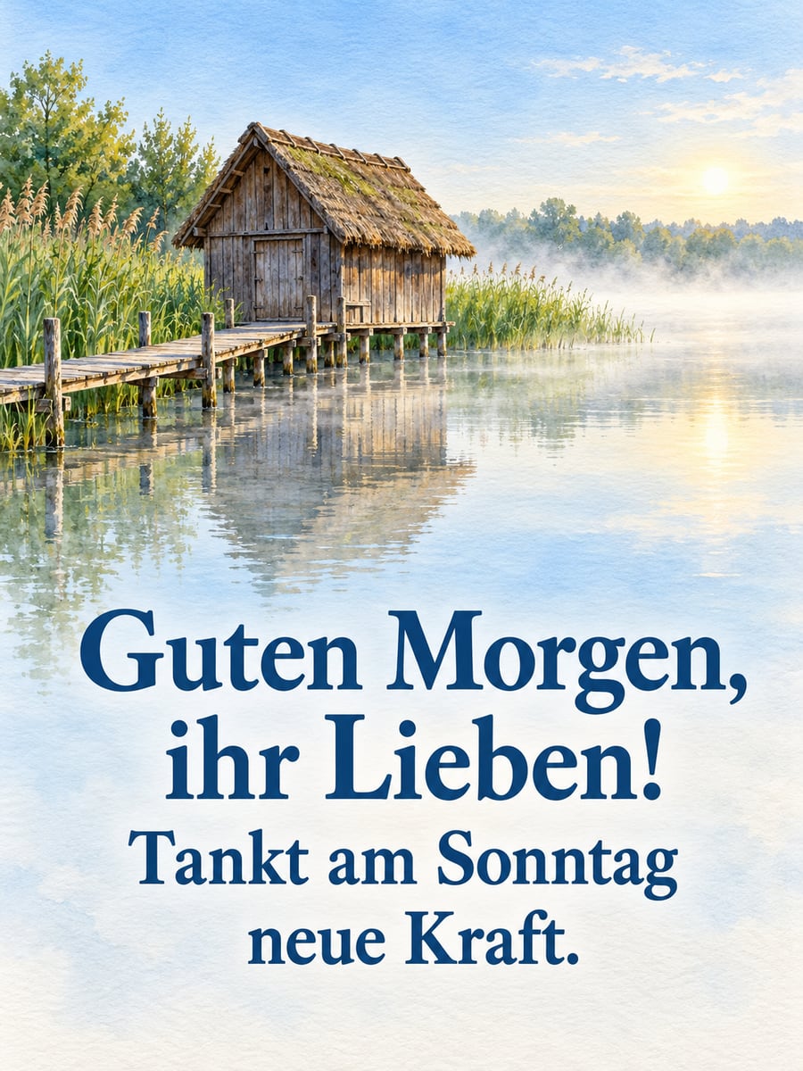 Guten-Morgen-Bild zum Sonntag mit dem Text „Guten Morgen, ihr Lieben!“ und „Tankt am Sonntag neue Kraft.“ – Motiv: Bootshaus, See, Schilf, Morgennebel