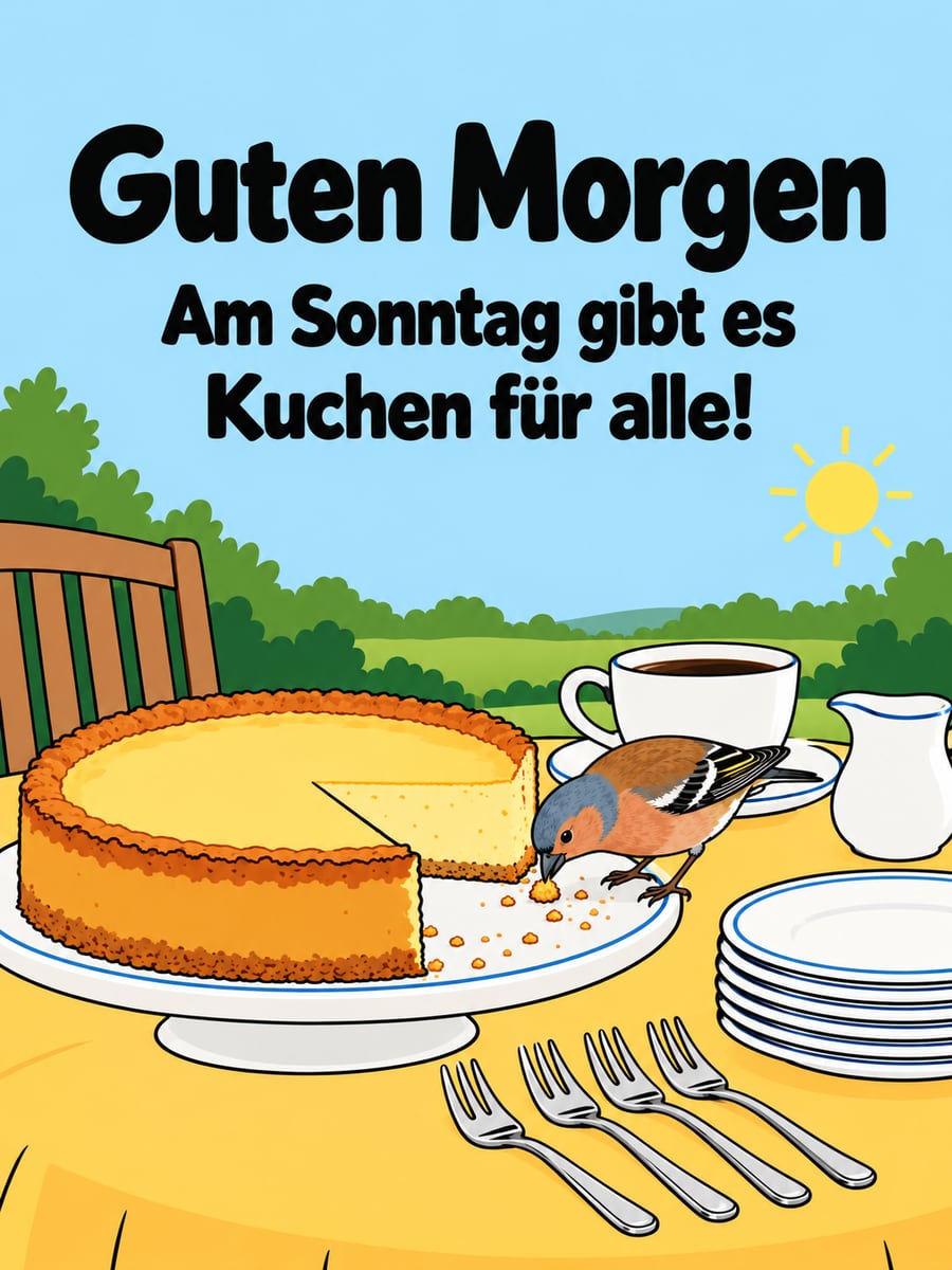 Guten-Morgen-Bild zum Sonntag mit dem Text „Guten Morgen“ und „Am Sonntag gibt es Kuchen für alle!“ – Motiv: Buchfink, Käsekuchen, Kaffeetafel, Garten