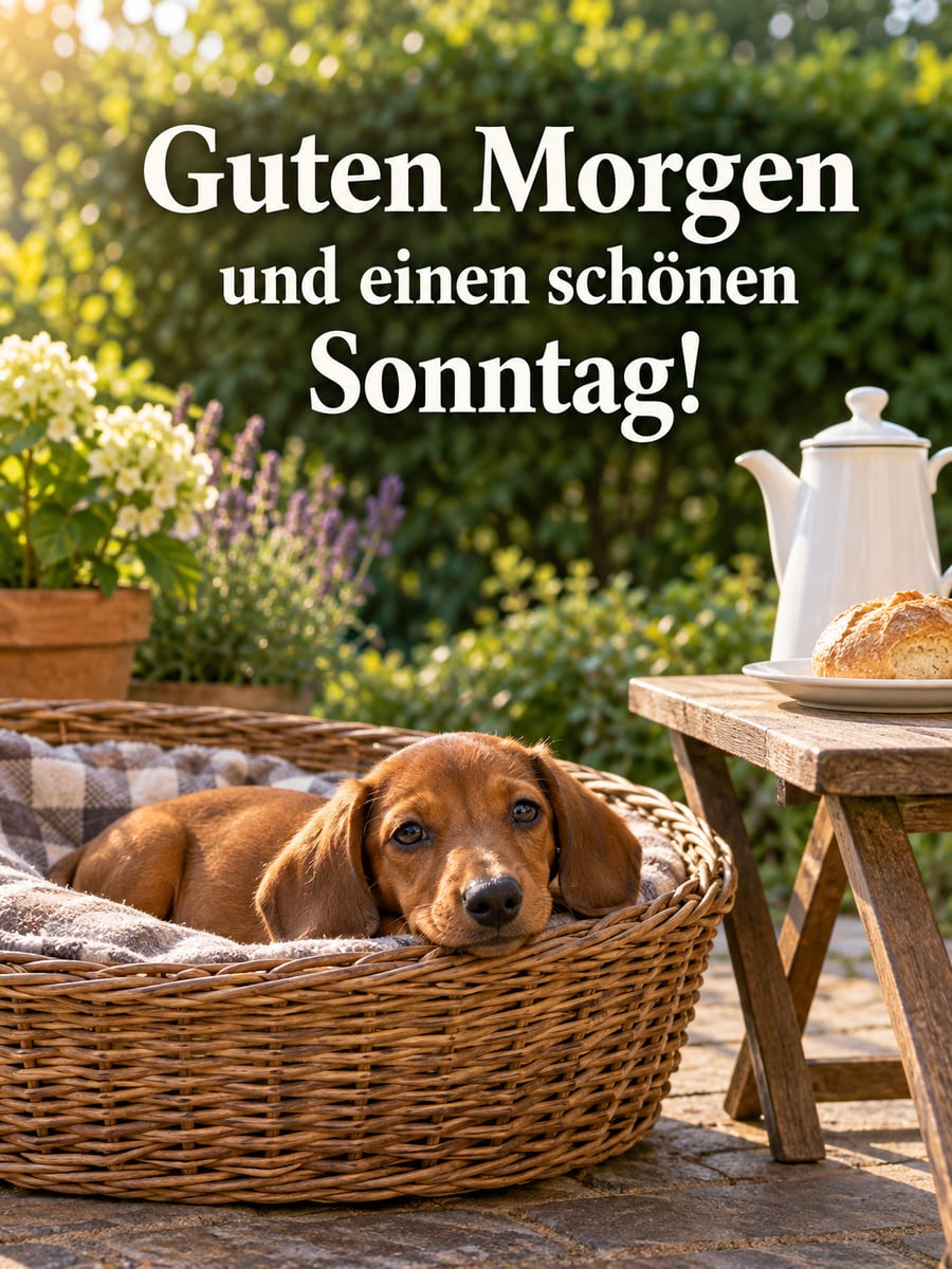 Guten-Morgen-Bild zum Sonntag mit dem Text „Guten Morgen und einen schönen Sonntag!“ – Motiv: Dackel, Welpe, Weidenkorb, Terrasse, Kaffeekanne, Brötchen