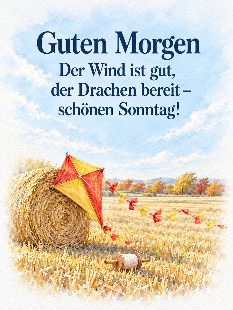 Guten-Morgen-Bild zum Sonntag mit dem Text „Guten Morgen“ und „Der Wind ist gut, der Drachen bereit – schönen Sonntag!“ – Motiv: Drachen, Strohballen, Stoppelfeld, Wind, Herbst