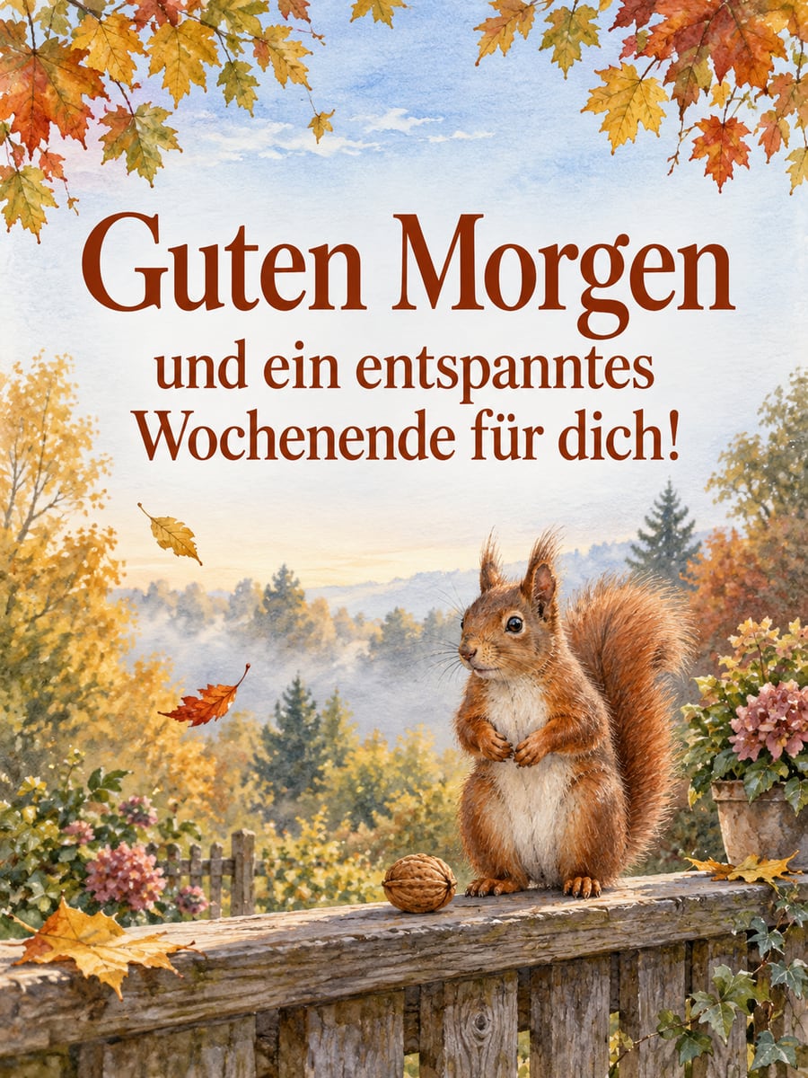 Guten-Morgen-Bild zum Sonntag mit dem Text „Guten Morgen und ein entspanntes Wochenende für dich!“ – Motiv: Eichhörnchen, Walnuss, Terrasse, Herbstlaub