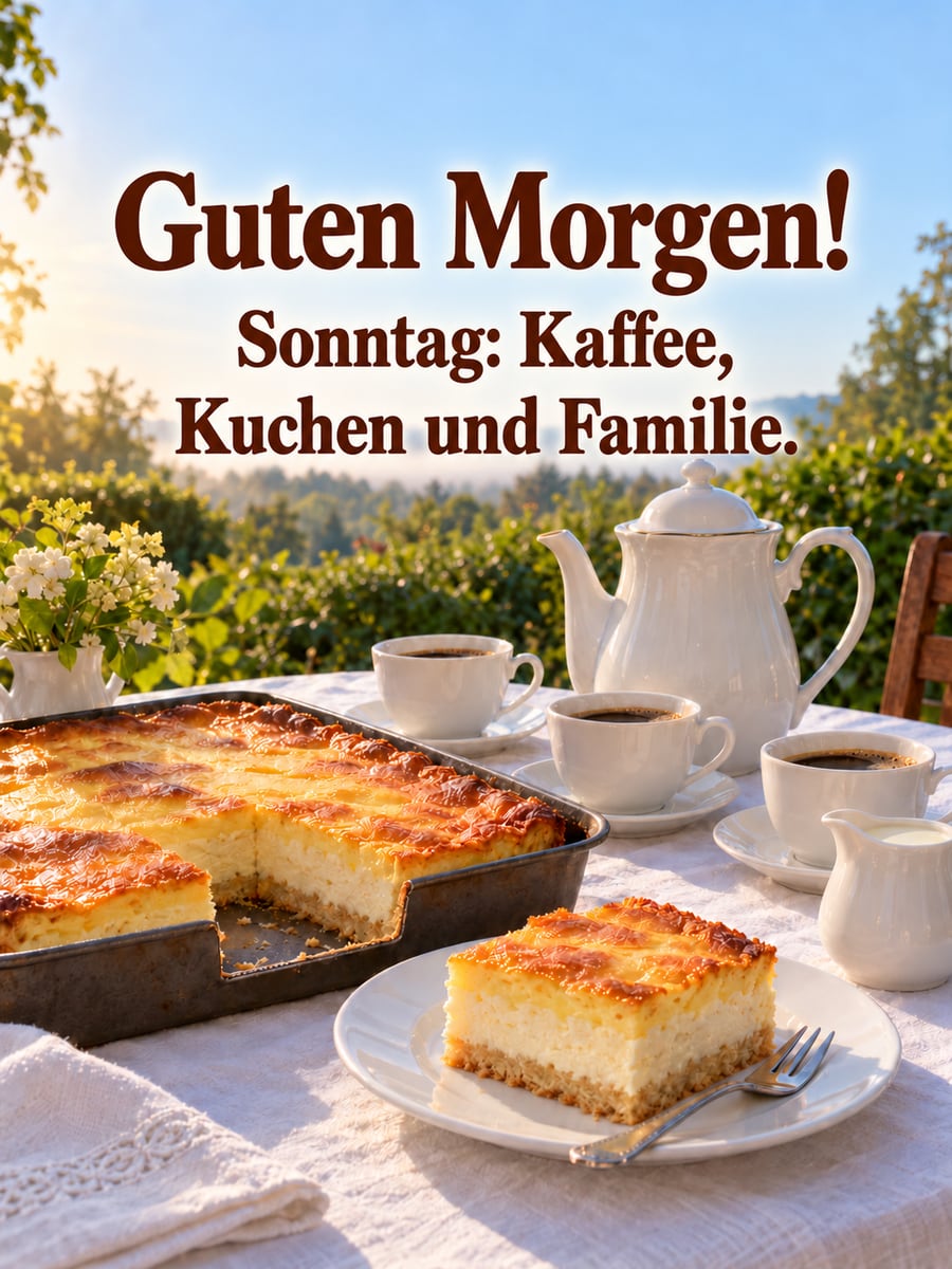 Guten-Morgen-Bild zum Sonntag mit dem Text „Guten Morgen!“ und „Sonntag: Kaffee, Kuchen und Familie.“ – Motiv: Eierschecke, Kaffeekanne, Gartentisch, Kaffee und Kuchen