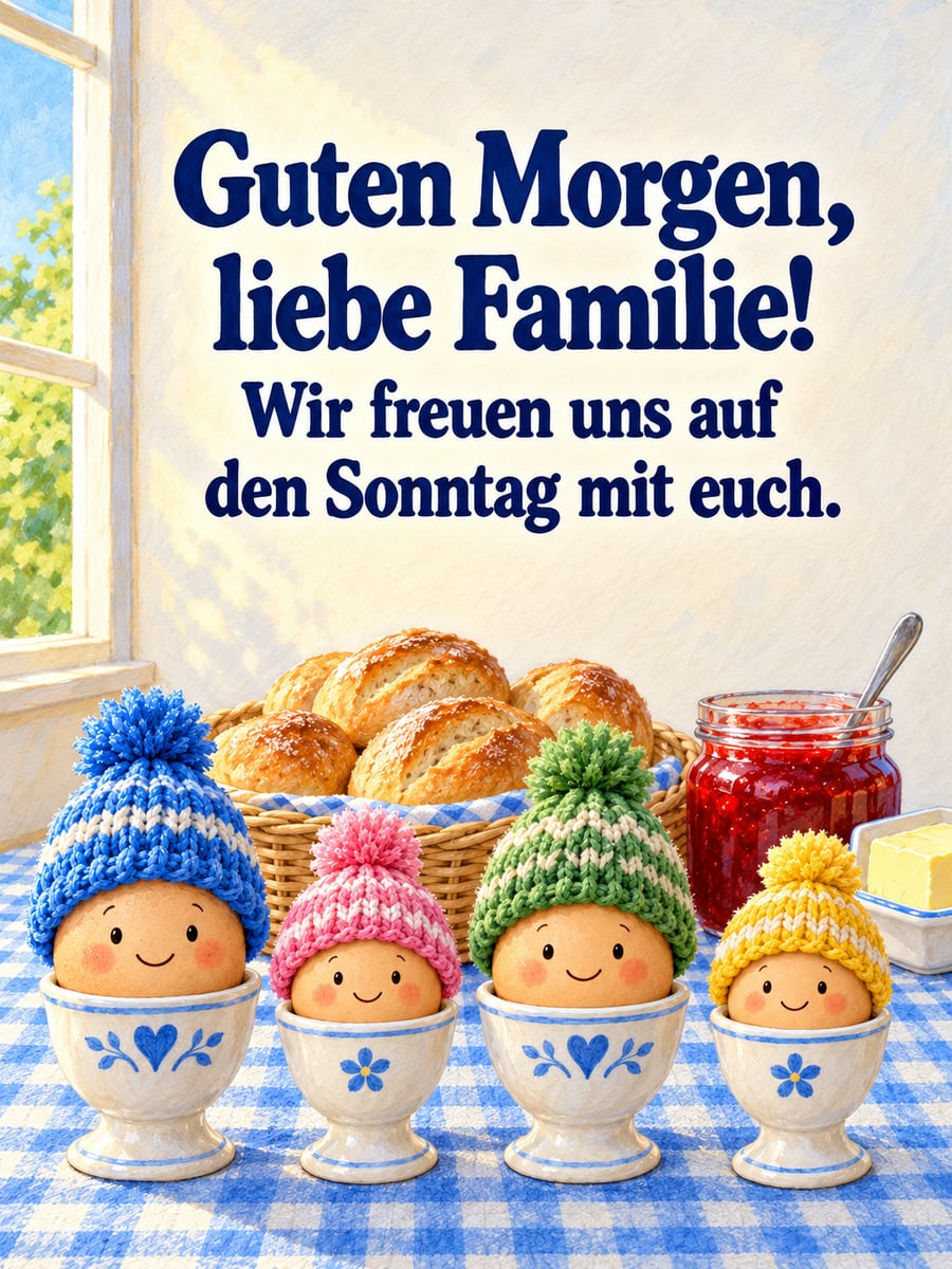 Guten-Morgen-Bild zum Sonntag mit dem Text „Guten Morgen, liebe Familie!“ und „Wir freuen uns auf den Sonntag mit euch.“ – Motiv: Frühstücksei, Eierwärmer, Brötchen, Marmelade