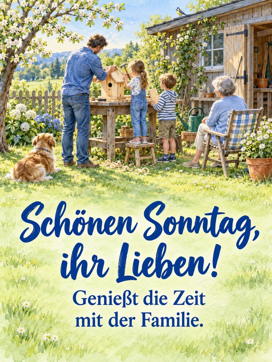 Guten-Morgen-Bild zum Sonntag mit dem Text „Schönen Sonntag, ihr Lieben!“ und „Genießt die Zeit mit der Familie.“ – Motiv: Familie, Vogelhaus, Werkbank, Garten