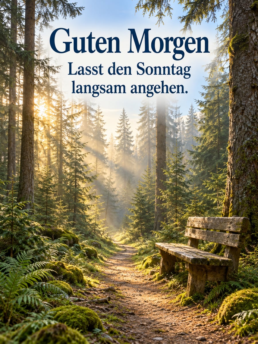 Guten-Morgen-Bild zum Sonntag mit dem Text „Guten Morgen“ und „Lasst den Sonntag langsam angehen.“ – Motiv: Fichtenwald, Waldweg, Sonnenstrahlen, Holzbank