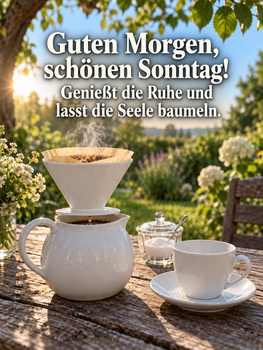 Guten-Morgen-Bild zum Sonntag mit dem Text „Guten Morgen, schönen Sonntag!“ und „Genießt die Ruhe und lasst die Seele baumeln.“ – Motiv: Filterkaffee, Kaffeekanne, Gartentisch