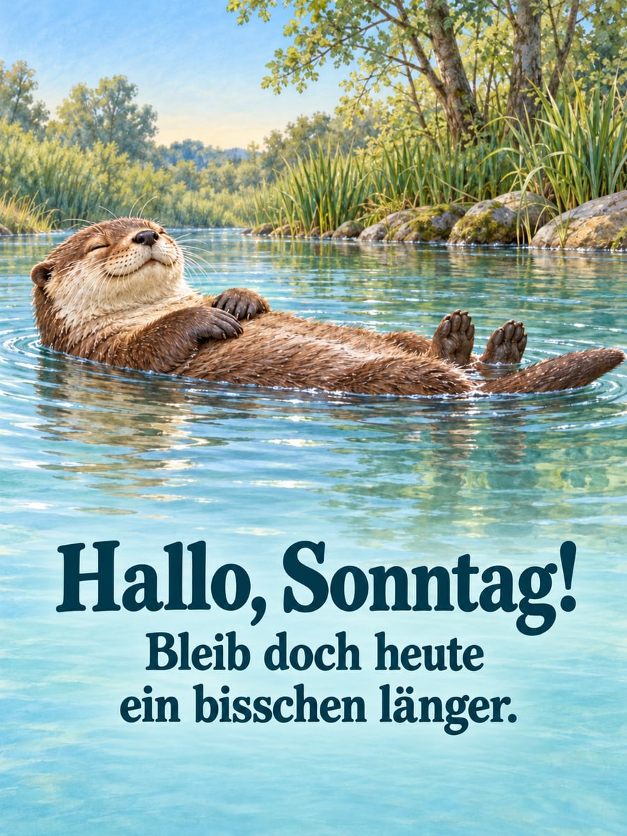 Guten-Morgen-Bild zum Sonntag mit dem Text „Hallo, Sonntag!“ und „Bleib doch heute ein bisschen länger.“ – Motiv: Fischotter, Fluss, Treibenlassen, Sonntag, Entspannung