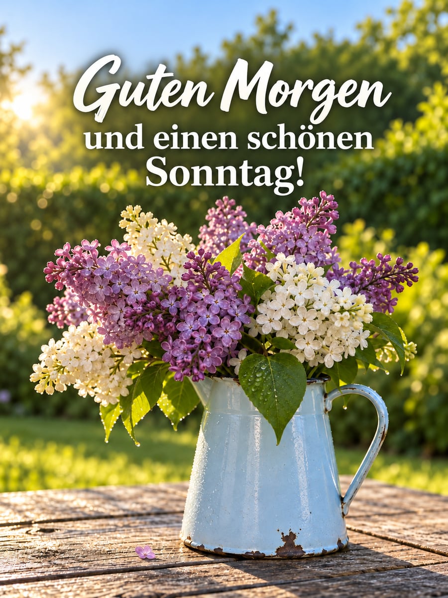 Guten-Morgen-Bild zum Sonntag mit dem Text „Guten Morgen und einen schönen Sonntag!“ – Motiv: Flieder, Emaillekrug, Gartentisch, Morgentau
