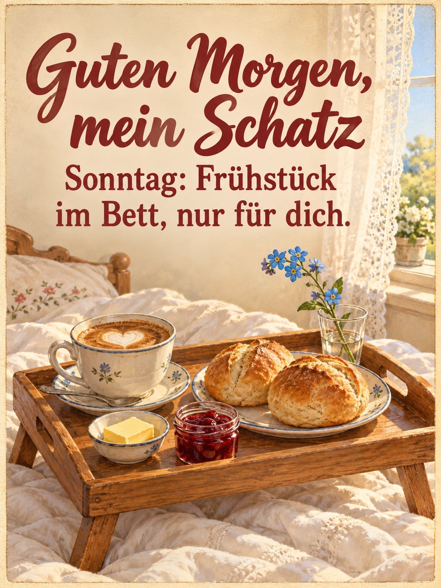 Guten-Morgen-Bild zum Sonntag mit dem Text „Guten Morgen, mein Schatz“ und „Sonntag: Frühstück im Bett, nur für dich.“ – Motiv: Frühstückstablett, Frühstück im Bett, Vergissmeinnicht, Kaffee