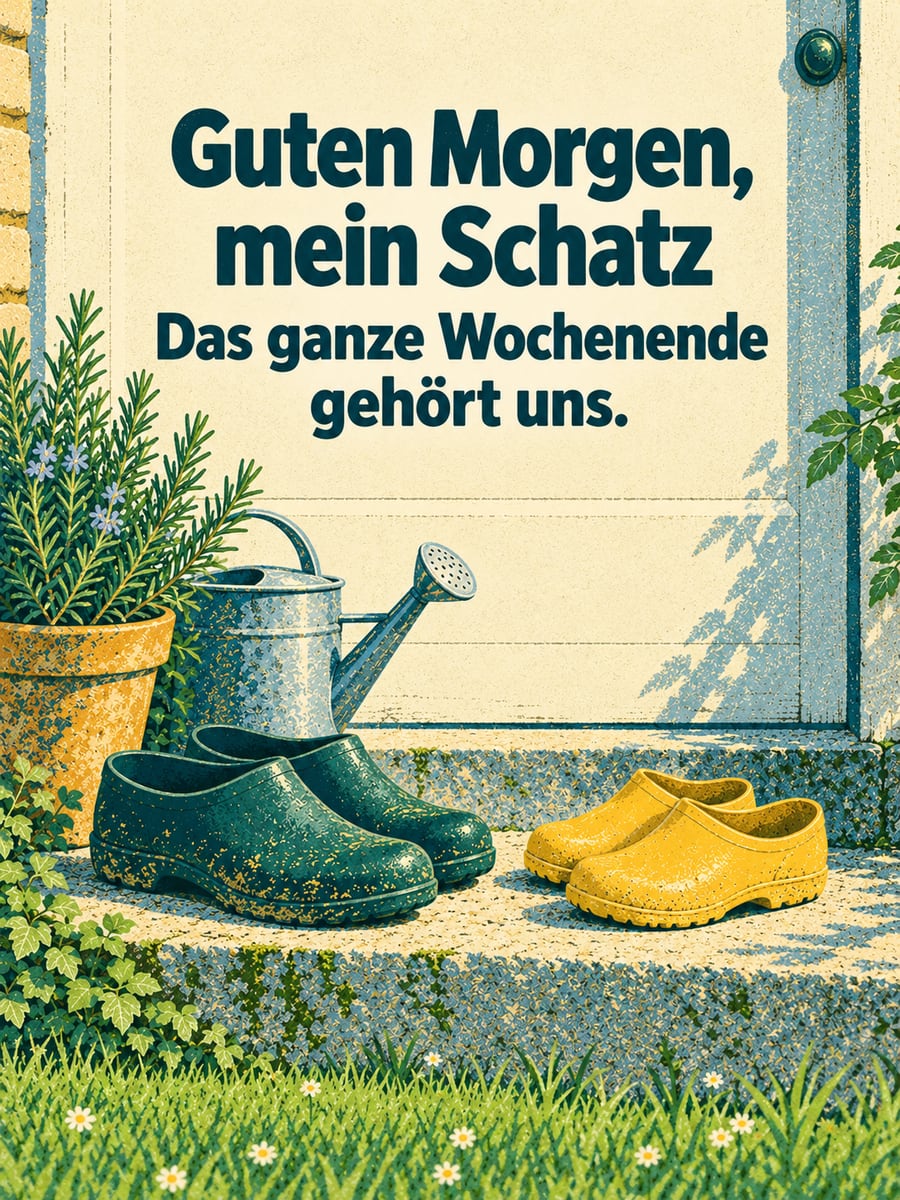 Guten-Morgen-Bild zum Sonntag mit dem Text „Guten Morgen, mein Schatz“ und „Das ganze Wochenende gehört uns.“ – Motiv: Gartenclogs, Türstufe, Gießkanne, Rosmarin