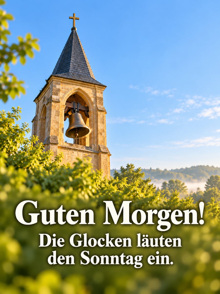 Guten-Morgen-Bild zum Sonntag mit dem Text „Guten Morgen!“ und „Die Glocken läuten den Sonntag ein.“ – Motiv: Kirchenglocke, Glockenturm, Glocken, Sonntagsruhe