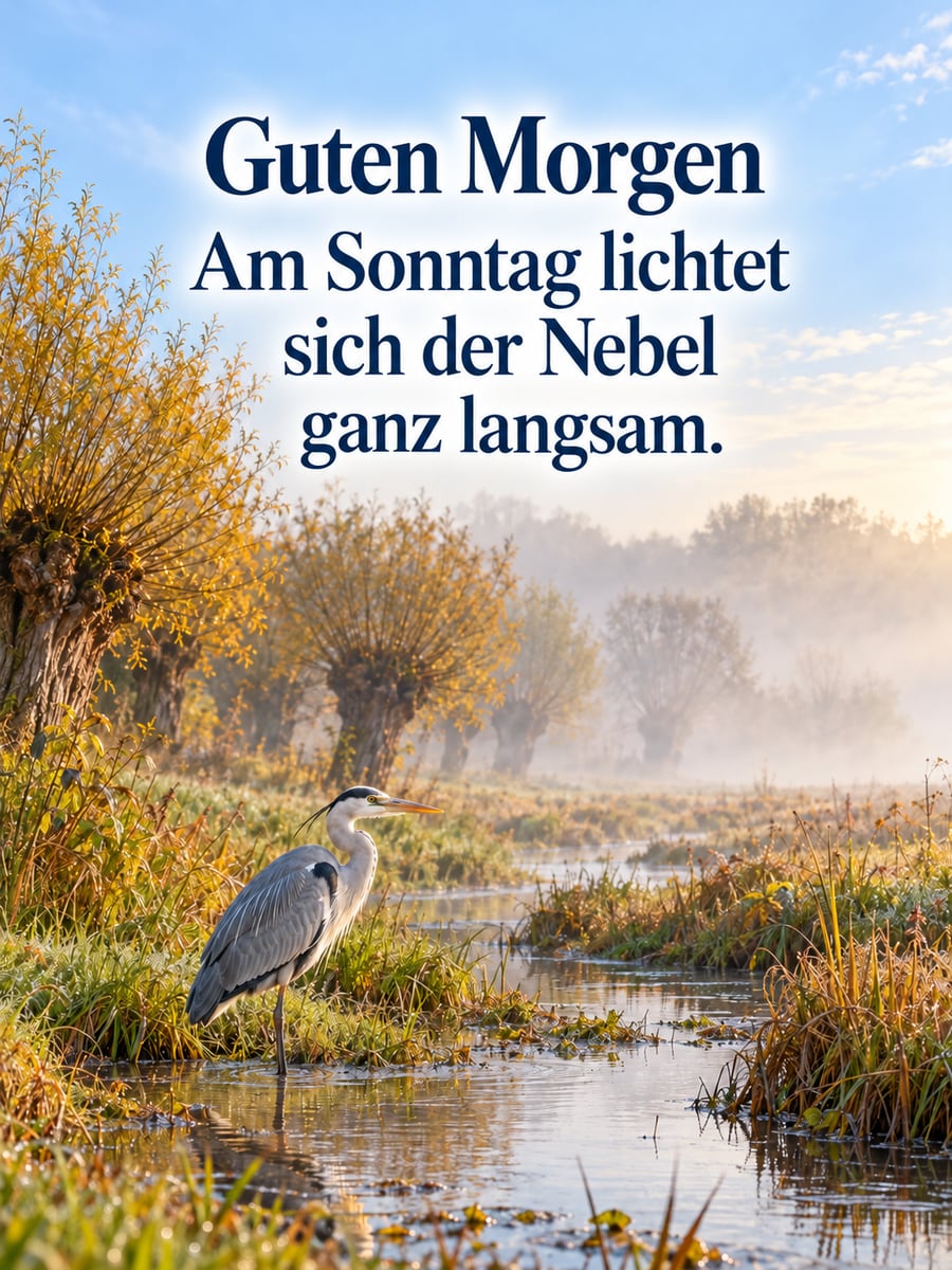 Guten-Morgen-Bild zum Sonntag mit dem Text „Guten Morgen“ und „Am Sonntag lichtet sich der Nebel ganz langsam.“ – Motiv: Graureiher, Kopfweiden, Nebel, Wiese, Bach
