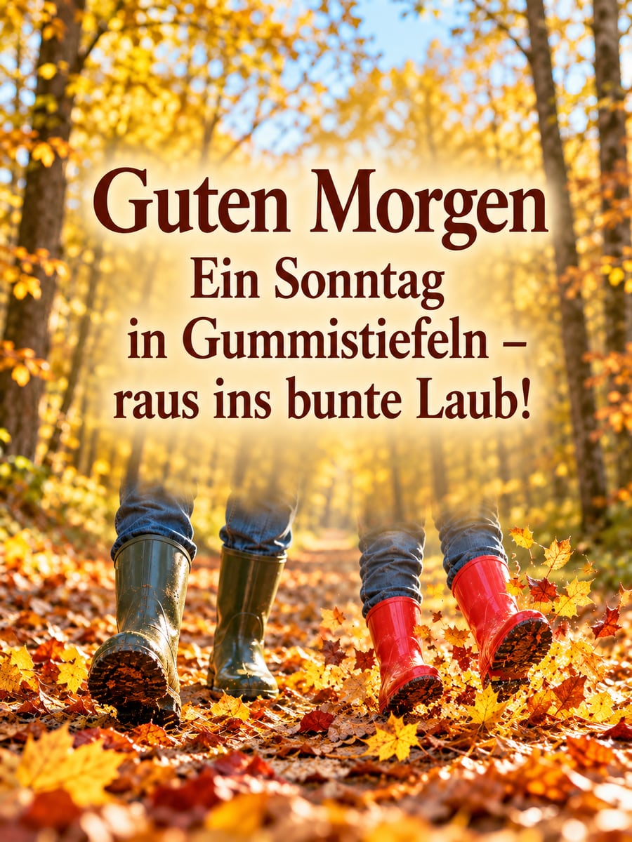 Guten-Morgen-Bild zum Sonntag mit dem Text „Guten Morgen“ und „Ein Sonntag in Gummistiefeln – raus ins bunte Laub!“ – Motiv: Gummistiefel, Herbstlaub, Waldweg, Sonntagsspaziergang, Familie