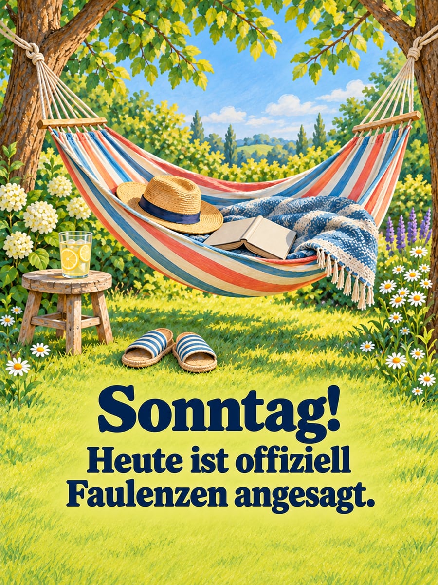 Guten-Morgen-Bild zum Sonntag mit dem Text „Sonntag!“ und „Heute ist offiziell Faulenzen angesagt.“ – Motiv: Hängematte, Strohhut, Buch, Faulenzen