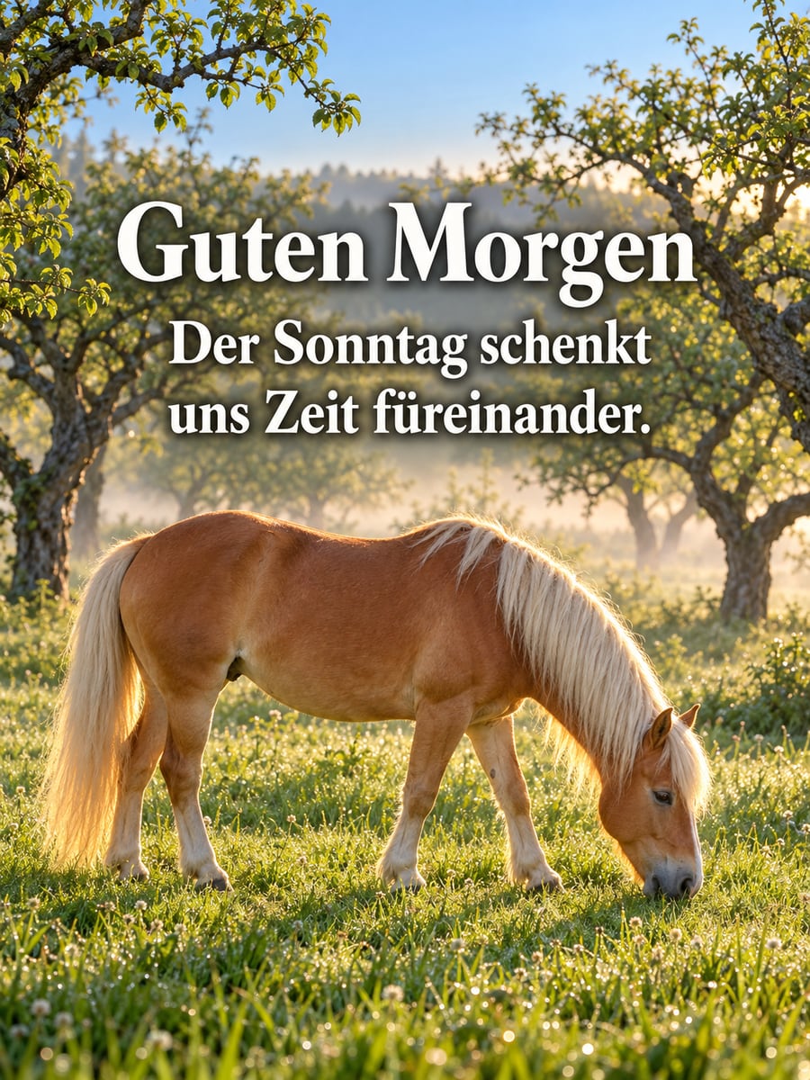 Guten-Morgen-Bild zum Sonntag mit dem Text „Guten Morgen“ und „Der Sonntag schenkt uns Zeit füreinander.“ – Motiv: Haflinger, Pferd, Streuobstwiese, Morgentau
