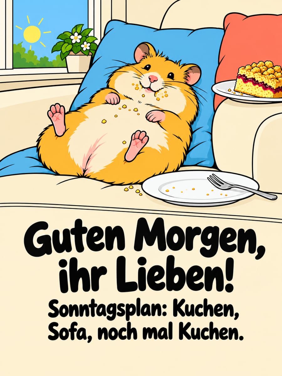Guten-Morgen-Bild zum Sonntag mit dem Text „Guten Morgen, ihr Lieben!“ und „Sonntagsplan: Kuchen, Sofa, noch mal Kuchen.“ – Motiv: Hamster, Sofa, Kuchen, Streuselkuchen, Faulenzen