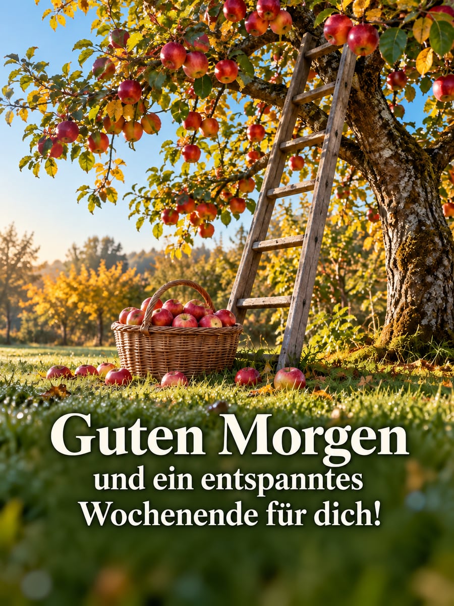 Guten-Morgen-Bild zum Sonntag mit dem Text „Guten Morgen und ein entspanntes Wochenende für dich!“ – Motiv: Apfelernte, Leiter, Apfelkorb, Herbst