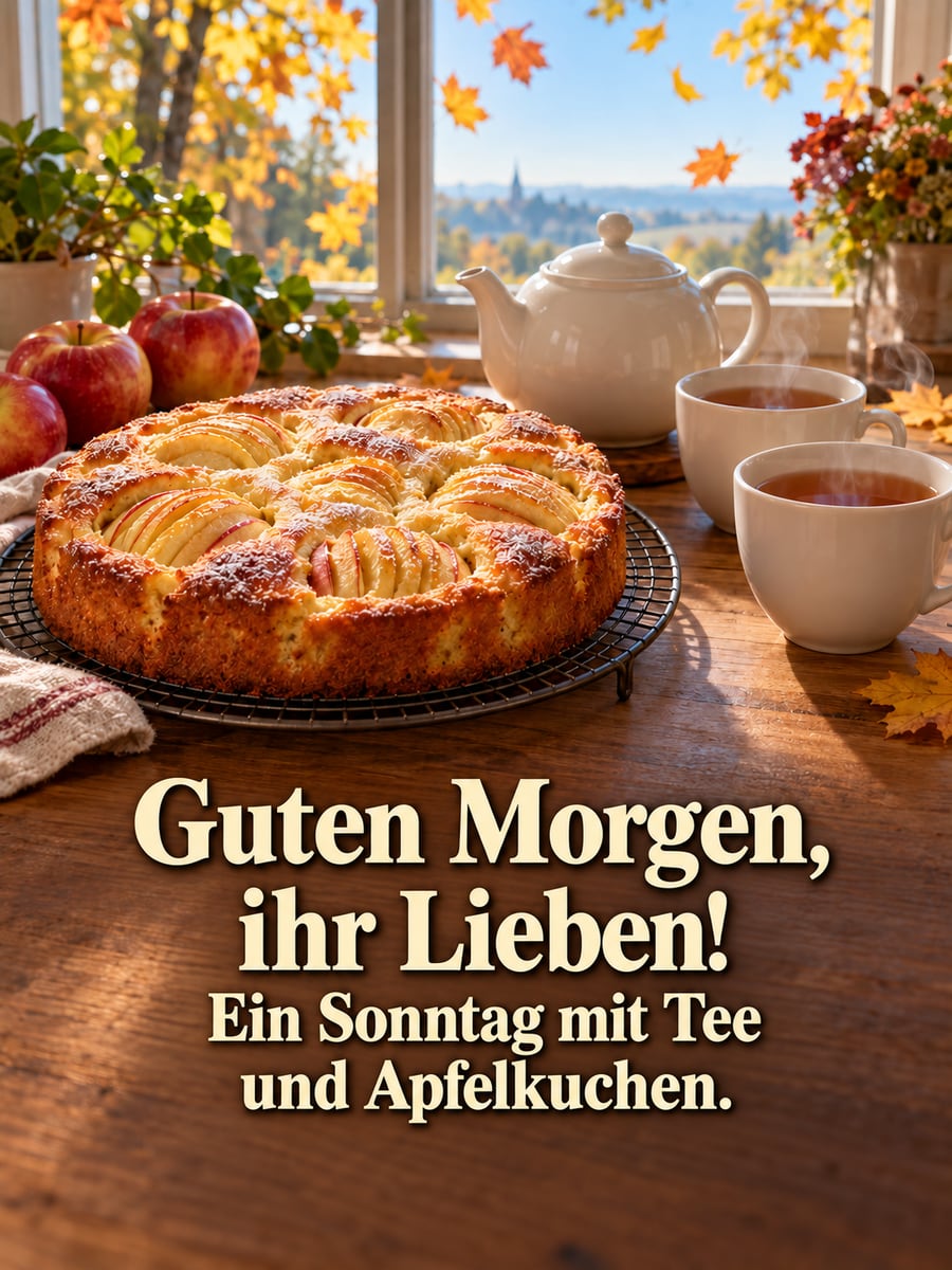 Guten-Morgen-Bild zum Sonntag mit dem Text „Guten Morgen, ihr Lieben!“ und „Ein Sonntag mit Tee und Apfelkuchen.“ – Motiv: Apfelkuchen, Teekanne, Herbstlaub, Kaffee und Kuchen