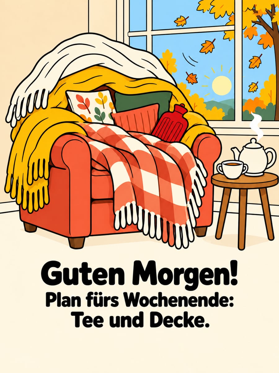 Guten-Morgen-Bild zum Sonntag mit dem Text „Guten Morgen!“ und „Plan fürs Wochenende: Tee und Decke.“ – Motiv: Decke, Tee, Sessel, Herbstwind