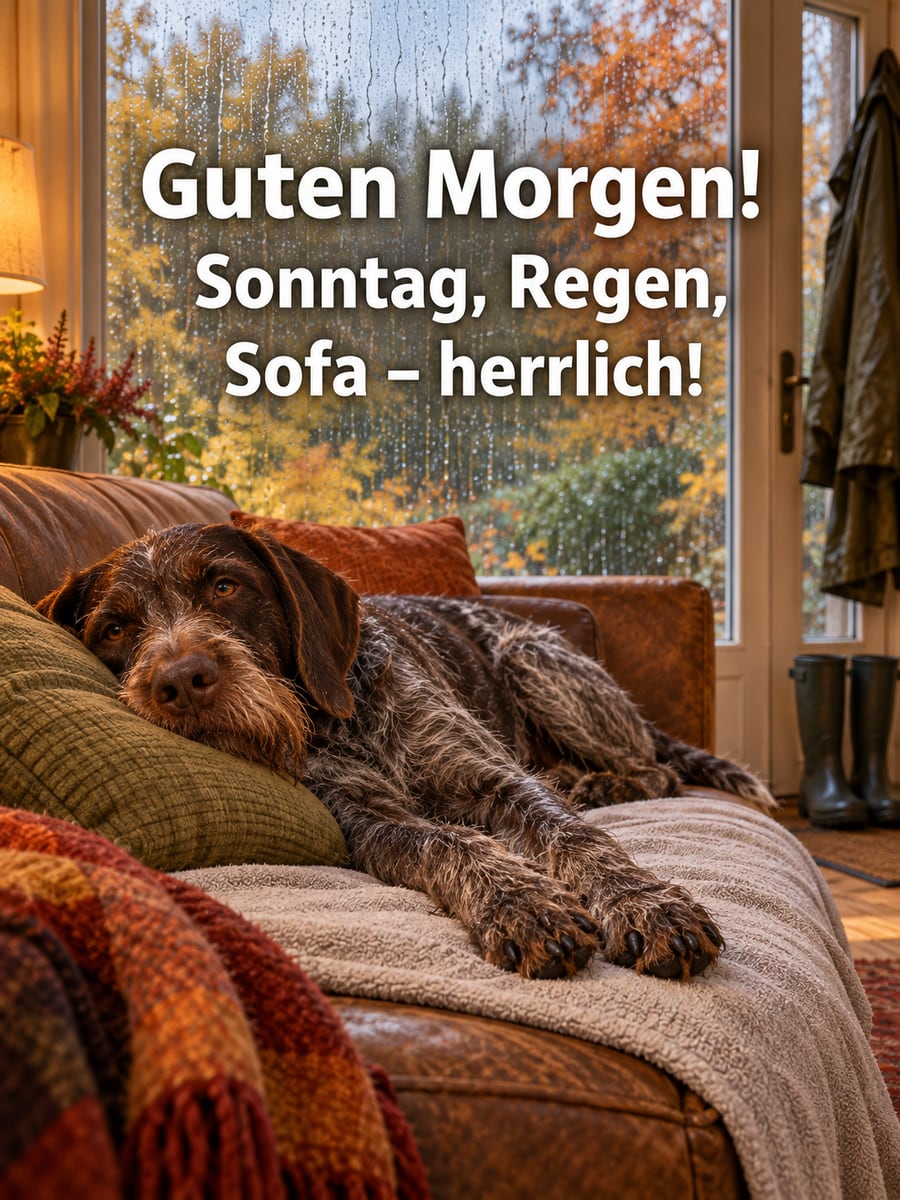 Guten-Morgen-Bild zum Sonntag mit dem Text „Guten Morgen!“ und „Sonntag, Regen, Sofa – herrlich!“ – Motiv: Deutsch Drahthaar, Sofa, Regen, Herbst