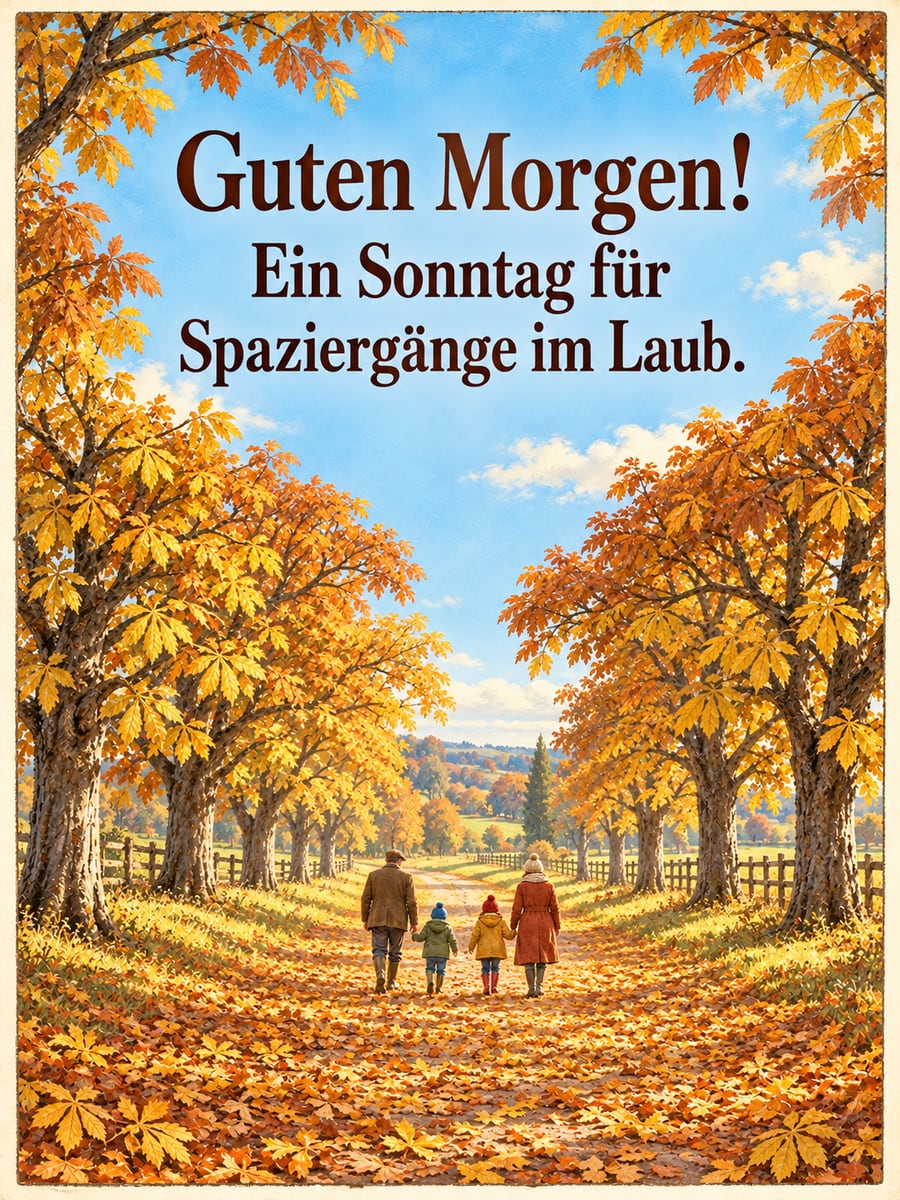 Guten-Morgen-Bild zum Sonntag mit dem Text „Guten Morgen!“ und „Ein Sonntag für Spaziergänge im Laub.“ – Motiv: Familie, Kastanienallee, Herbstlaub, Spaziergang