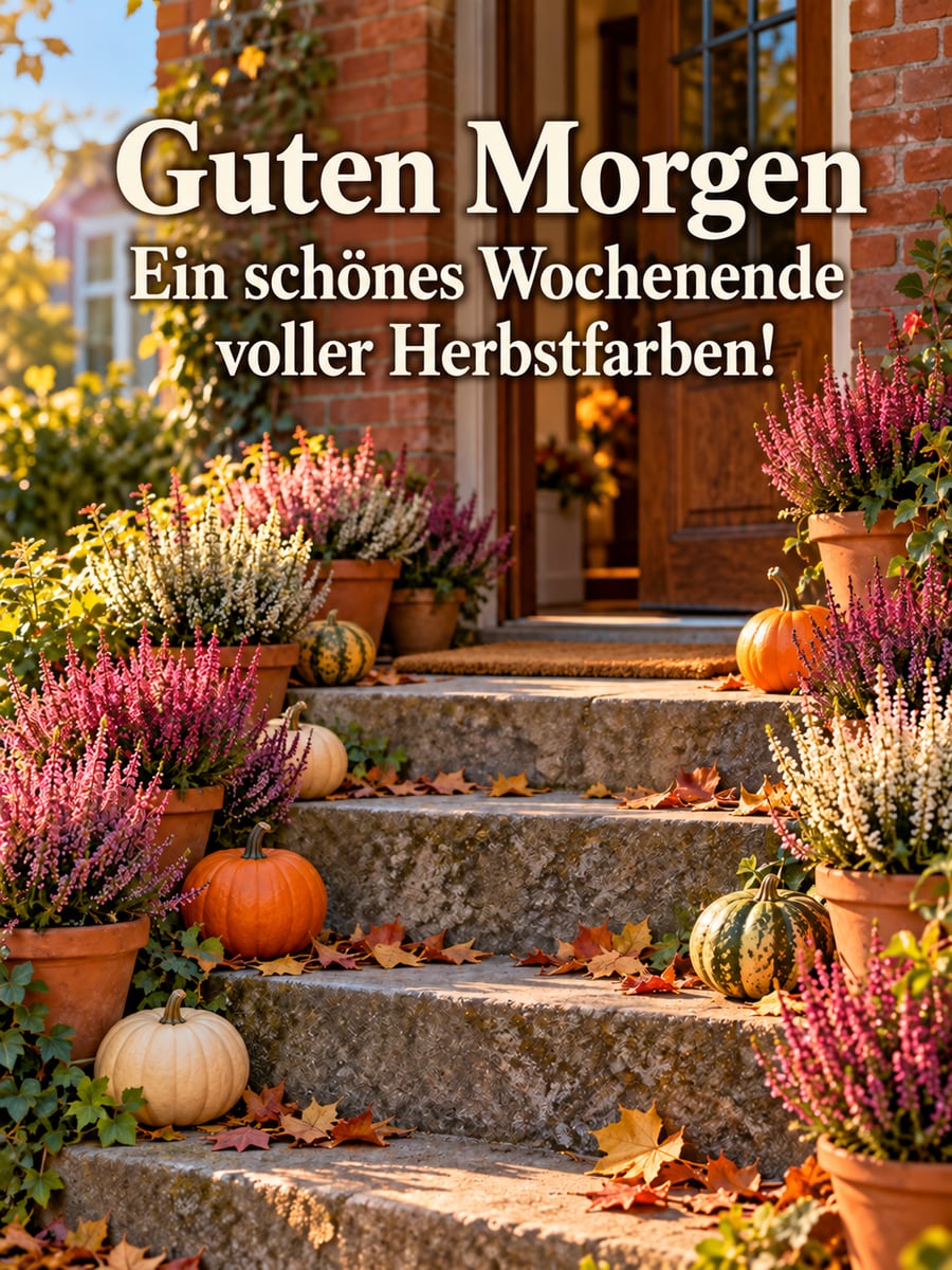 Guten-Morgen-Bild zum Sonntag mit dem Text „Guten Morgen“ und „Ein schönes Wochenende voller Herbstfarben!“ – Motiv: Heidekraut, Zierkürbisse, Treppe, Herbstfarben