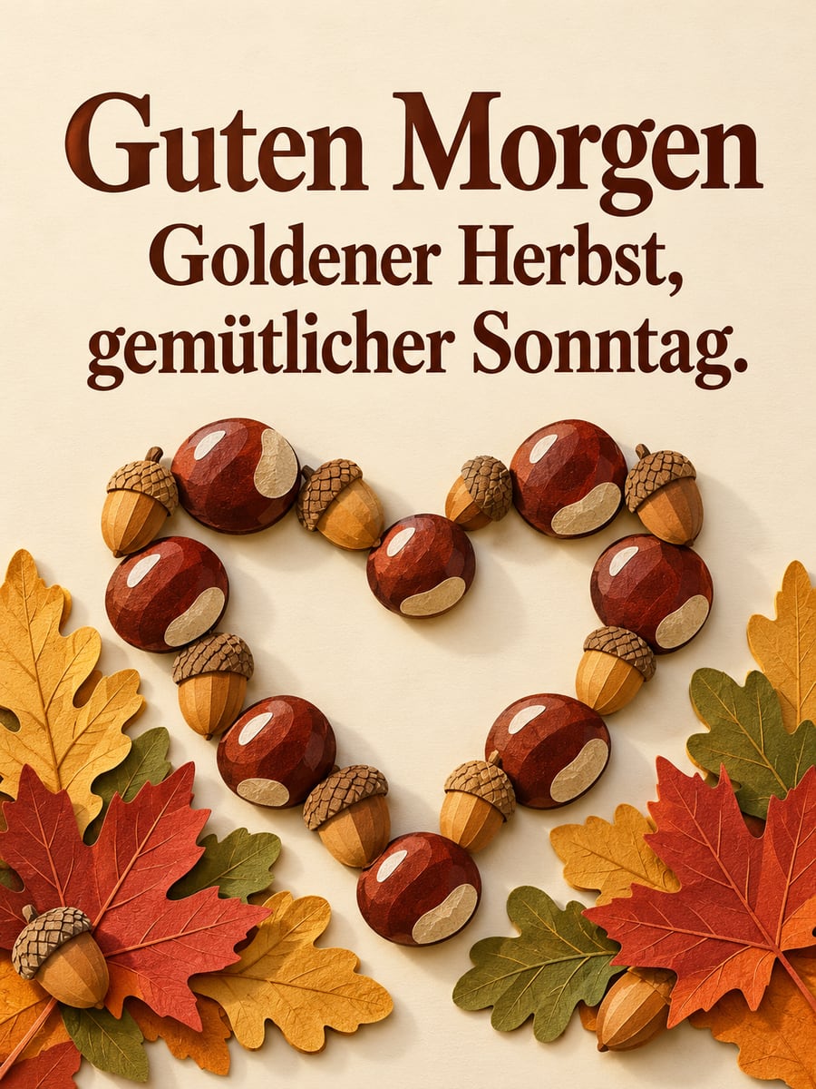 Guten-Morgen-Bild zum Sonntag mit dem Text „Guten Morgen“ und „Goldener Herbst, gemütlicher Sonntag.“ – Motiv: Kastanien, Eicheln, Herz, Herbstlaub