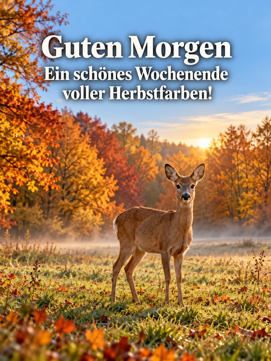 Guten-Morgen-Bild zum Sonntag mit dem Text „Guten Morgen“ und „Ein schönes Wochenende voller Herbstfarben!“ – Motiv: Reh, Buchenwald, Herbstlaub, Morgennebel