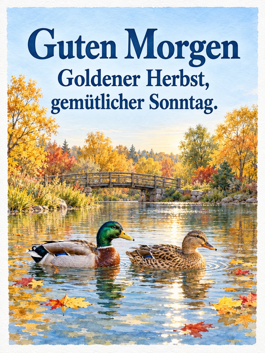 Guten-Morgen-Bild zum Sonntag mit dem Text „Guten Morgen“ und „Goldener Herbst, gemütlicher Sonntag.“ – Motiv: Stockenten, Teich, Herbstlaub, Park