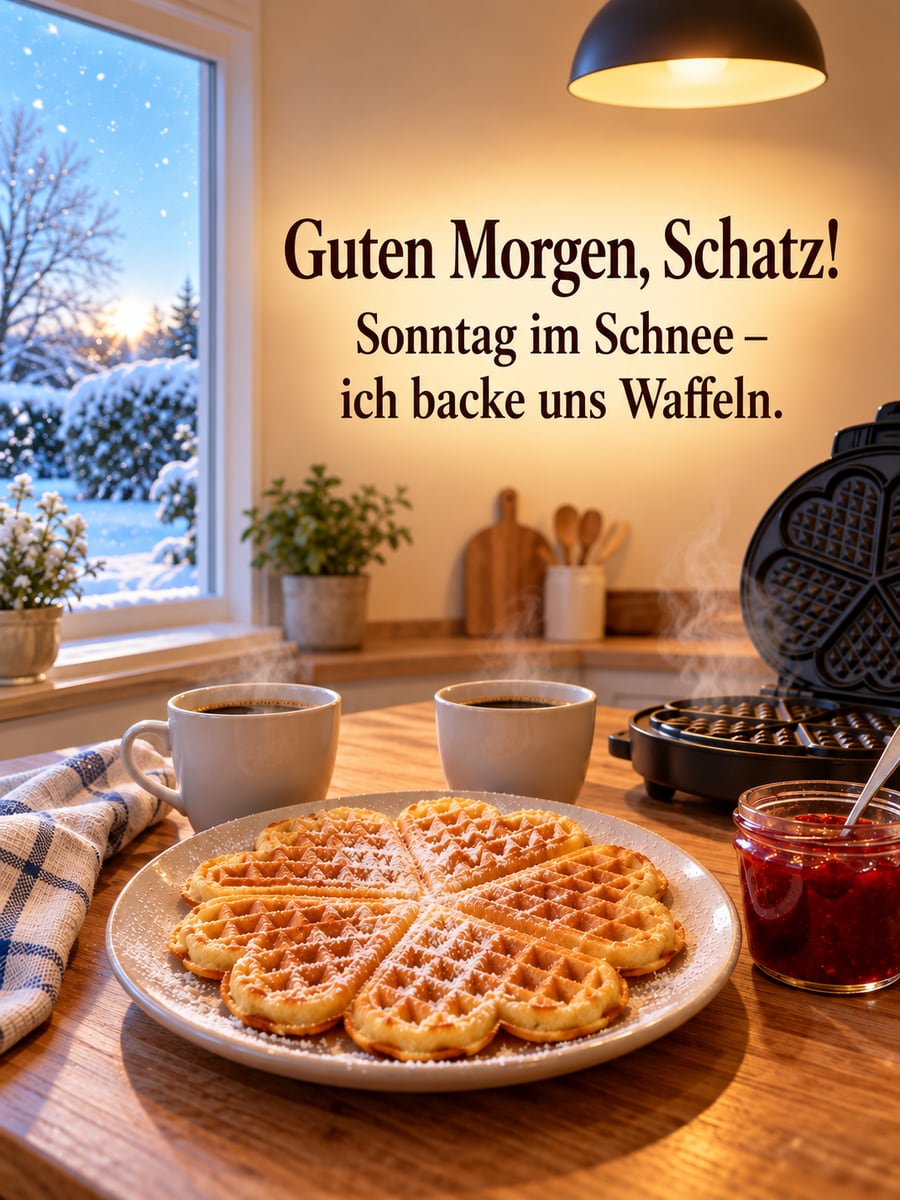 Guten-Morgen-Bild zum Sonntag mit dem Text „Guten Morgen, Schatz!“ und „Sonntag im Schnee – ich backe uns Waffeln.“ – Motiv: Herzwaffeln, Puderzucker, Kaffee, Schnee, Küchenlampe