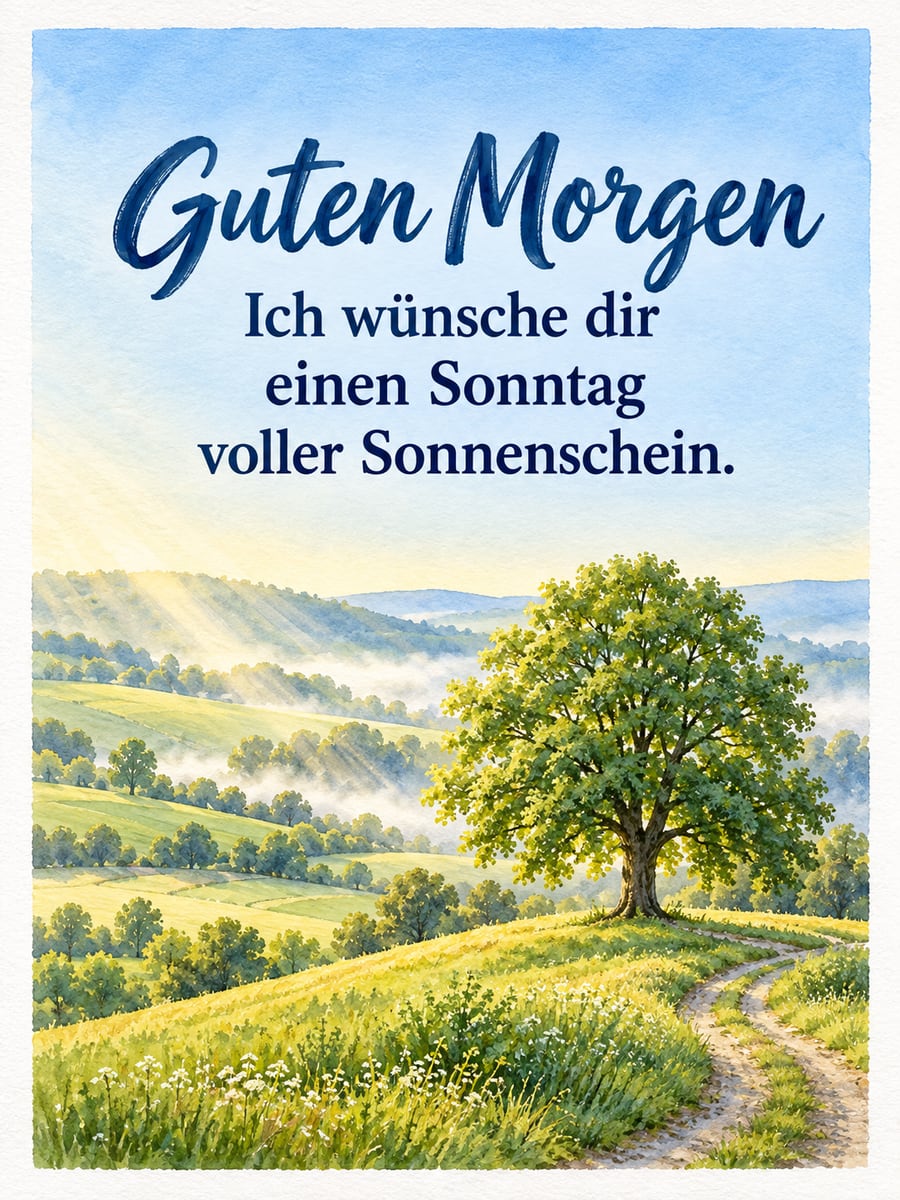 Guten-Morgen-Bild zum Sonntag mit dem Text „Guten Morgen“ und „Ich wünsche dir einen Sonntag voller Sonnenschein.“ – Motiv: Linde, Hügel, Sonnenstrahlen, Morgennebel