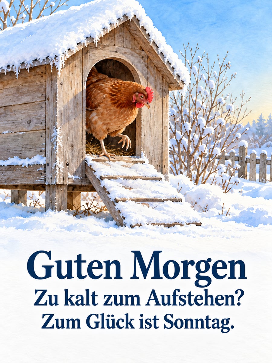 Guten-Morgen-Bild zum Sonntag mit dem Text „Guten Morgen“ und „Zu kalt zum Aufstehen? Zum Glück ist Sonntag.“ – Motiv: Huhn, Hühnerstall, Schnee, Garten, Kälte