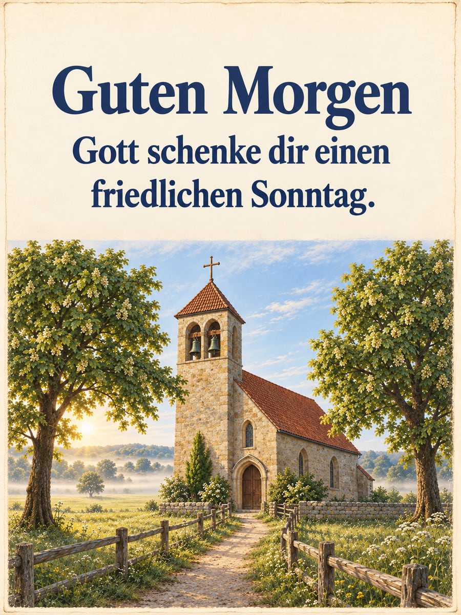 Guten-Morgen-Bild zum Sonntag mit dem Text „Guten Morgen“ und „Gott schenke dir einen friedlichen Sonntag.“ – Motiv: Kirche, Glocken, Linden, Morgennebel