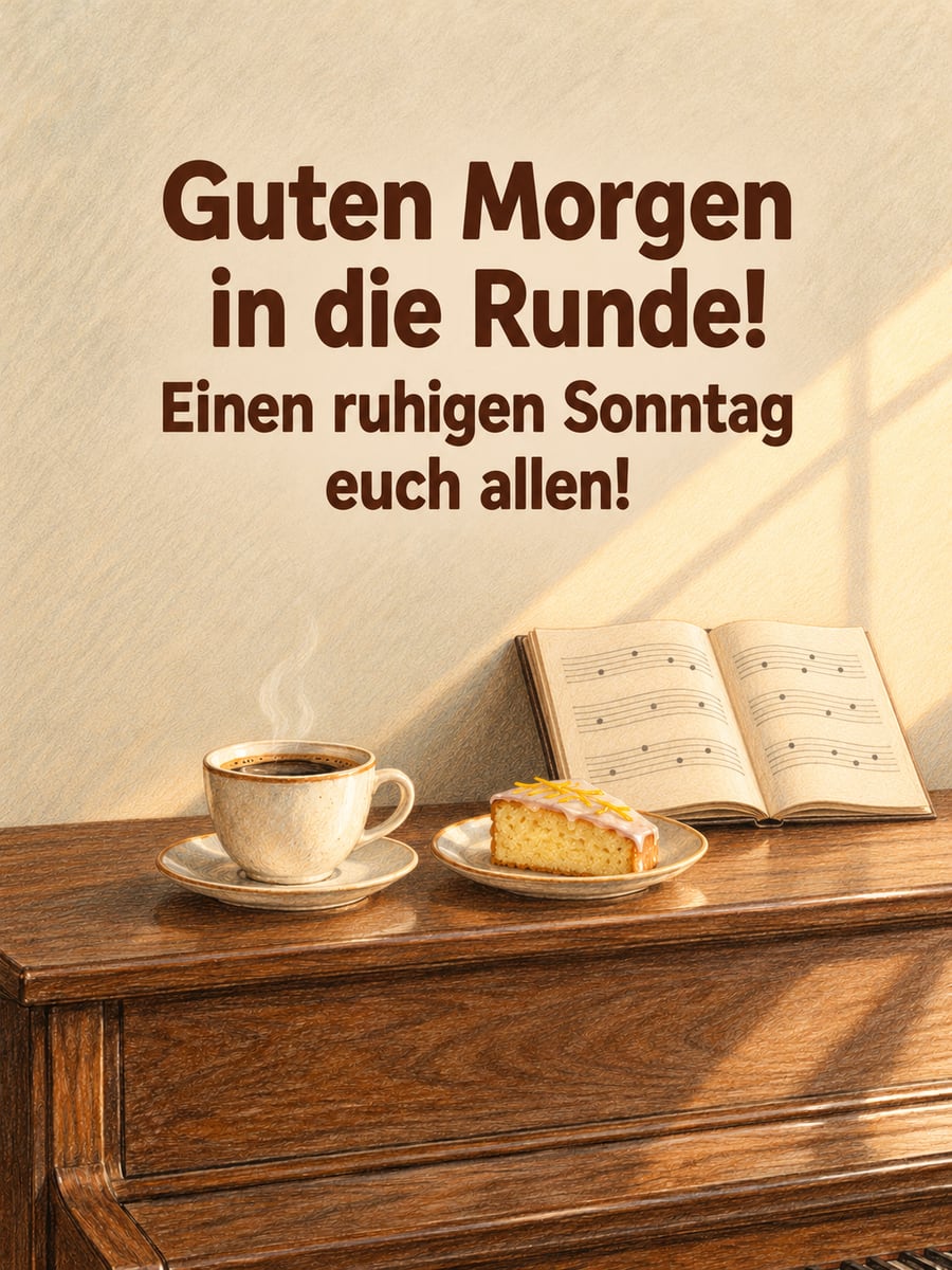 Guten-Morgen-Bild zum Sonntag mit dem Text „Guten Morgen in die Runde!“ und „Einen ruhigen Sonntag euch allen!“ – Motiv: Klavier, Kaffeetasse, Noten, Zitronenkuchen