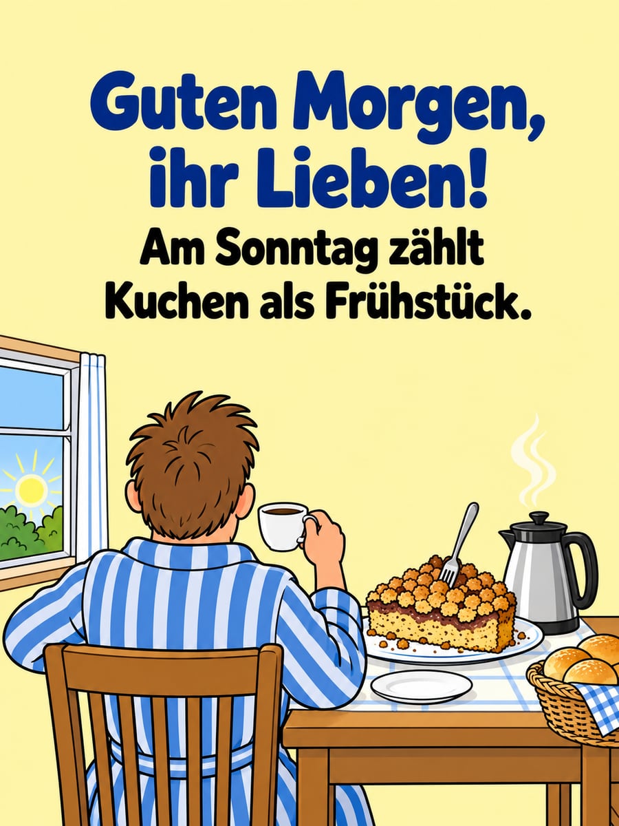 Guten-Morgen-Bild zum Sonntag mit dem Text „Guten Morgen, ihr Lieben!“ und „Am Sonntag zählt Kuchen als Frühstück.“ – Motiv: Streuselkuchen, Frühstückstisch, Brötchen, Bademantel