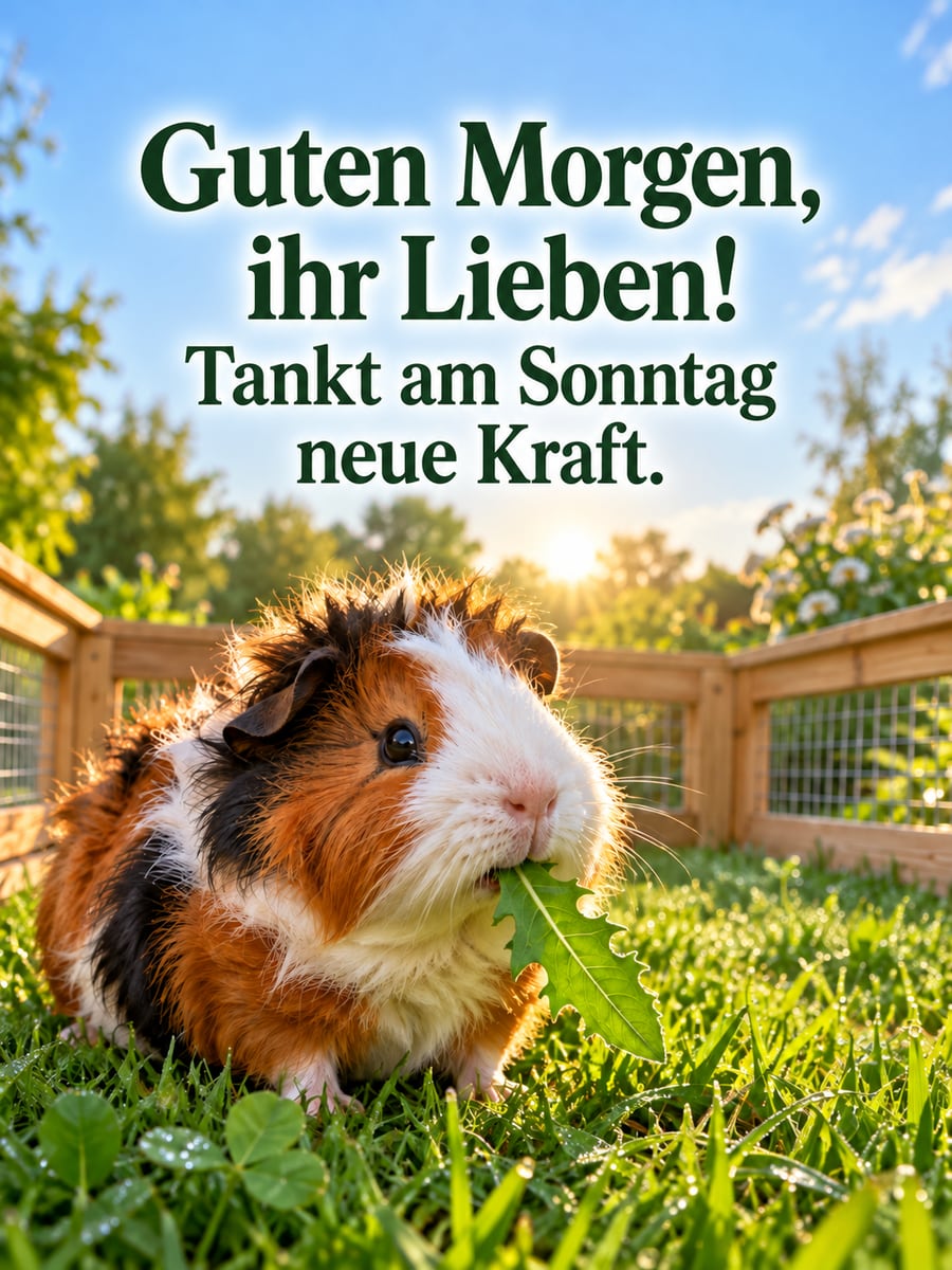 Guten-Morgen-Bild zum Sonntag mit dem Text „Guten Morgen, ihr Lieben!“ und „Tankt am Sonntag neue Kraft.“ – Motiv: Meerschweinchen, Löwenzahn, Rasen, Garten