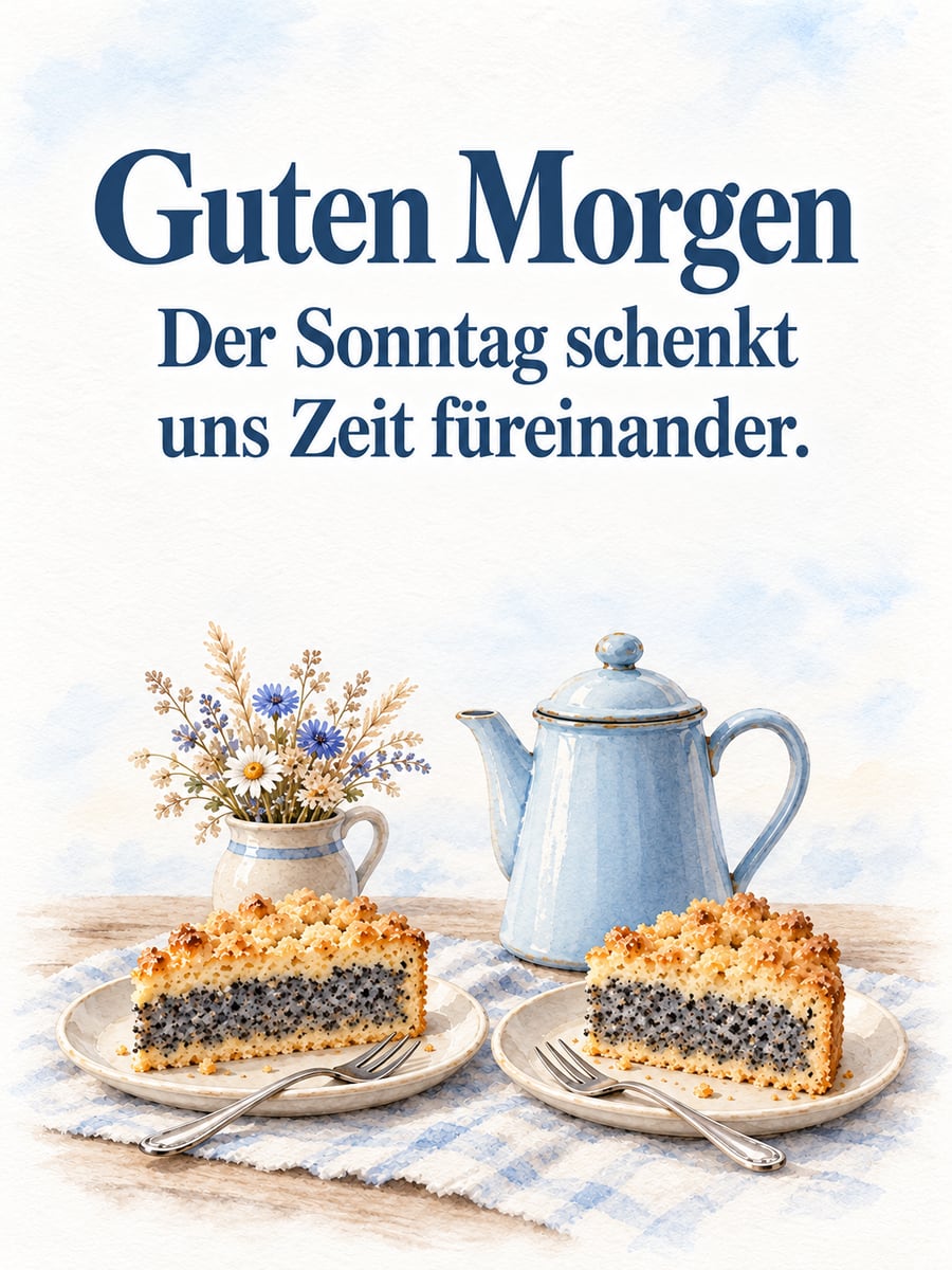 Guten-Morgen-Bild zum Sonntag mit dem Text „Guten Morgen“ und „Der Sonntag schenkt uns Zeit füreinander.“ – Motiv: Mohnkuchen, Kaffeekanne, Trockenblumen, Kaffee und Kuchen