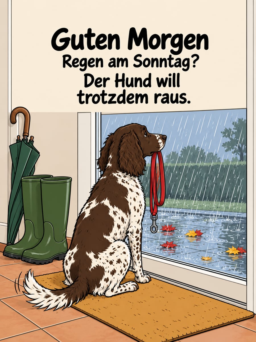 Guten-Morgen-Bild zum Sonntag mit dem Text „Guten Morgen“ und „Regen am Sonntag? Der Hund will trotzdem raus.“ – Motiv: Kleiner Münsterländer, Regen, Gummistiefel, Terrassentür, Leine