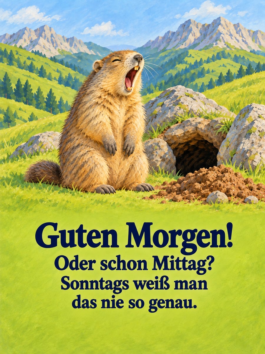 Guten-Morgen-Bild zum Sonntag mit dem Text „Guten Morgen!“ und „Oder schon Mittag? Sonntags weiß man das nie so genau.“ – Motiv: Murmeltier, Bergwiese, Ausschlafen, Sonntag, Gähnen