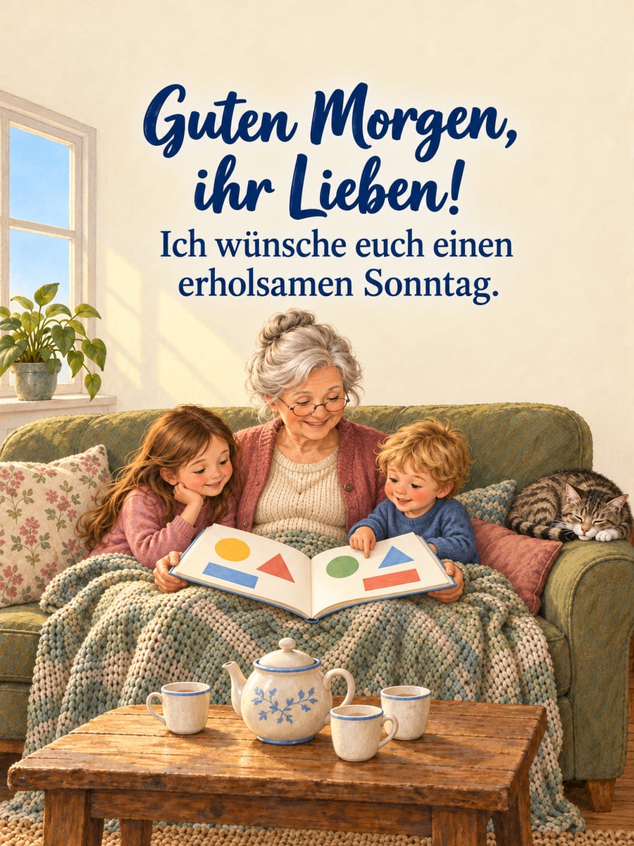 Guten-Morgen-Bild zum Sonntag mit dem Text „Guten Morgen, ihr Lieben!“ und „Ich wünsche euch einen erholsamen Sonntag.“ – Motiv: Großmutter, Enkelkinder, Bilderbuch, Sofa, getigerte Katze