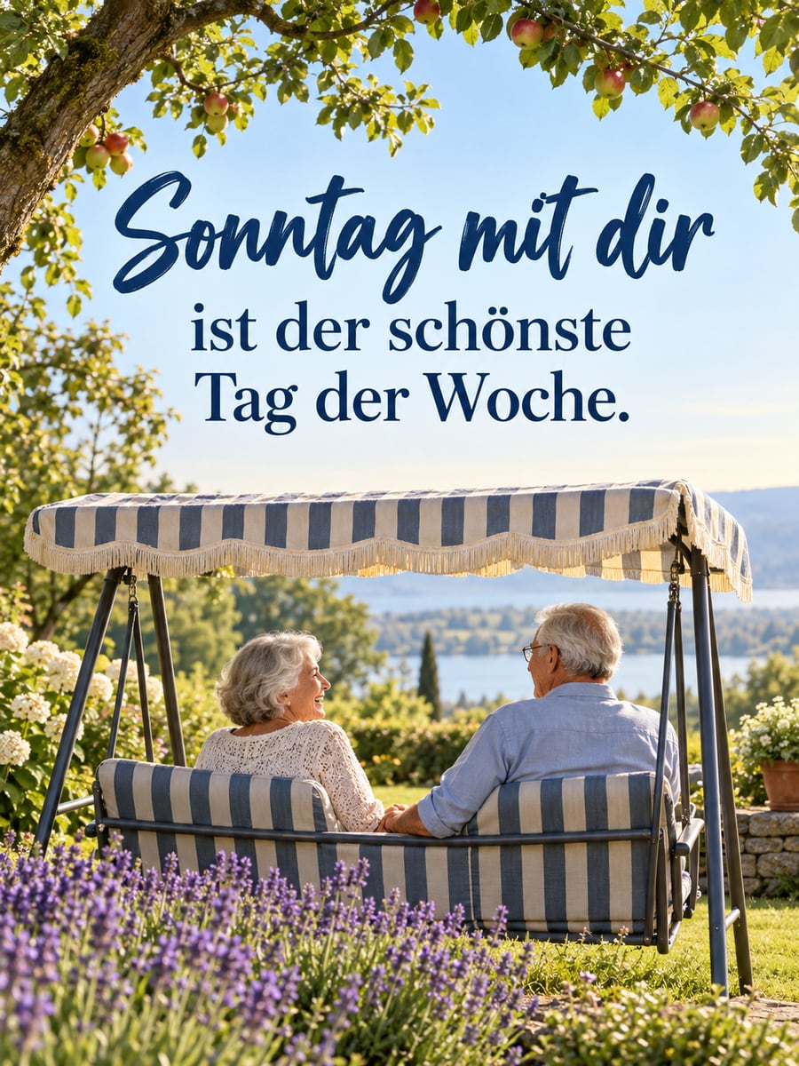 Guten-Morgen-Bild zum Sonntag mit dem Text „Sonntag mit dir ist der schönste Tag der Woche.“ – Motiv: Paar, Hollywoodschaukel, Garten, Lavendel