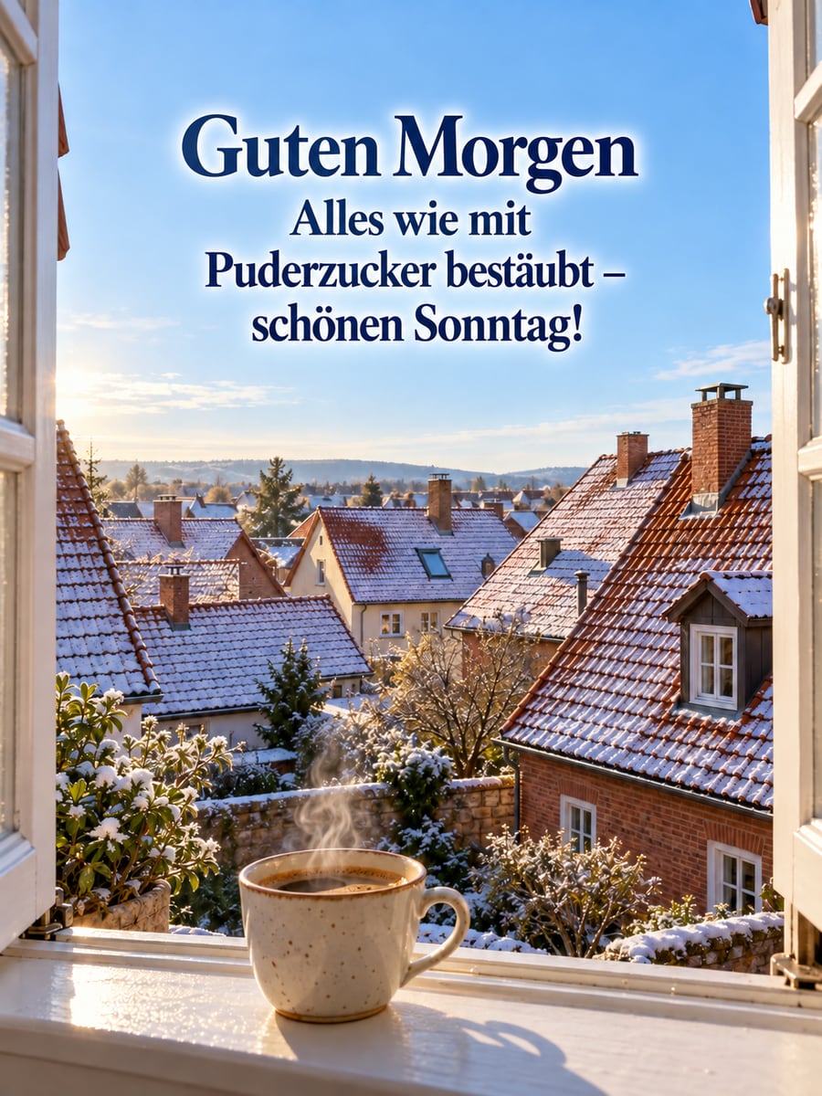 Guten-Morgen-Bild zum Sonntag mit dem Text „Guten Morgen“ und „Alles wie mit Puderzucker bestäubt – schönen Sonntag!“ – Motiv: Ziegeldächer, Schornsteine, Neuschnee, Dachfenster, Kaffee